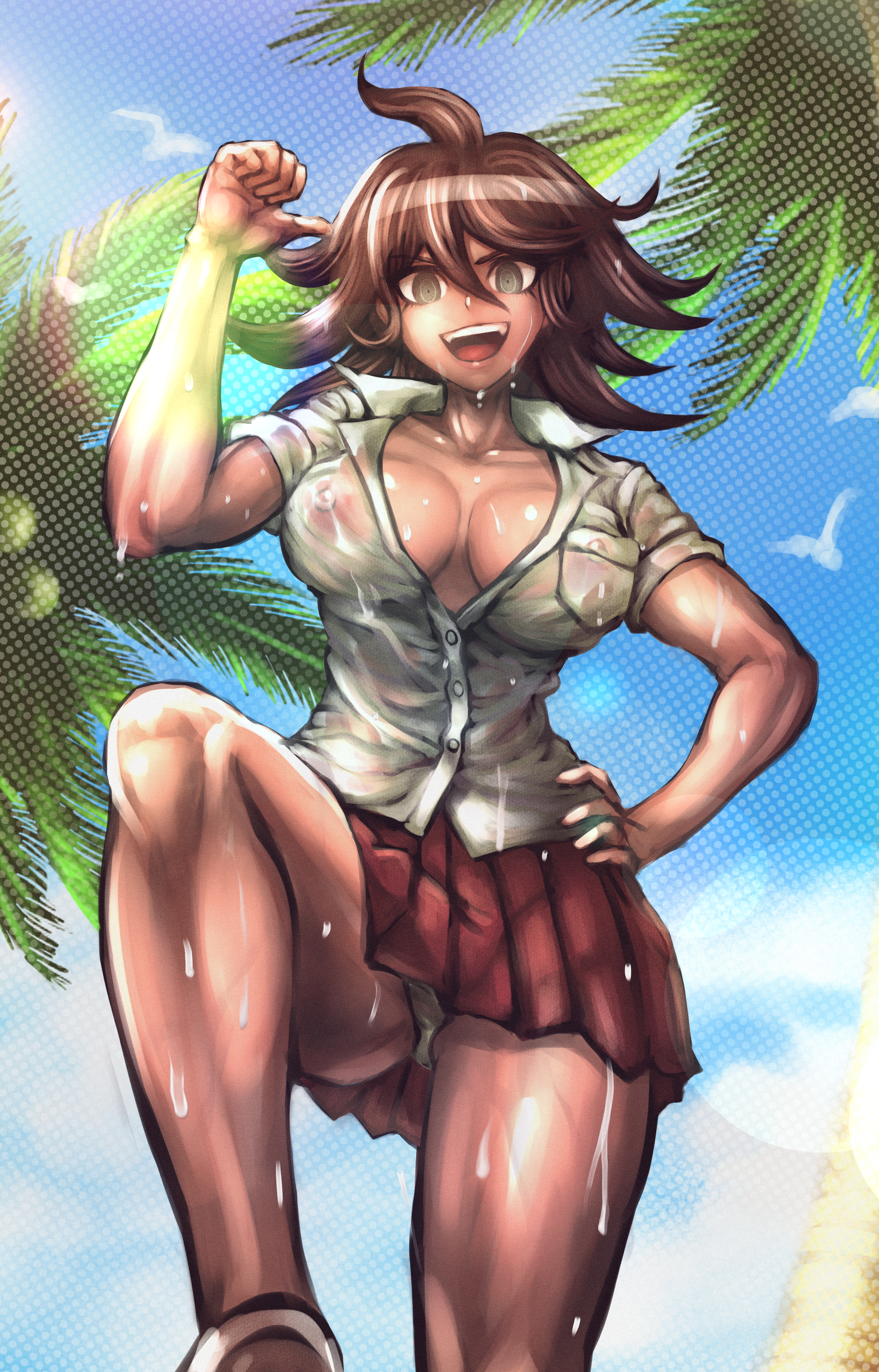1girls, 2019, areolae, beach, big breasts, breasts, breasts apart, brown eyebrows, brown eyes, brown hair, clothed, danganronpa, danganronpa 2: goodbye despair, dark skin, dark-skinned female, dgrp, eyebrows, eyebrows visible through hair, female, hair, hair between eyes, miniskirt, nipples, open mouth, owari akane, panties, short hair, skirt, solo, straight hair, tomboy, transparent clothing, wet, wet breasts, wet clothes, wet shirt