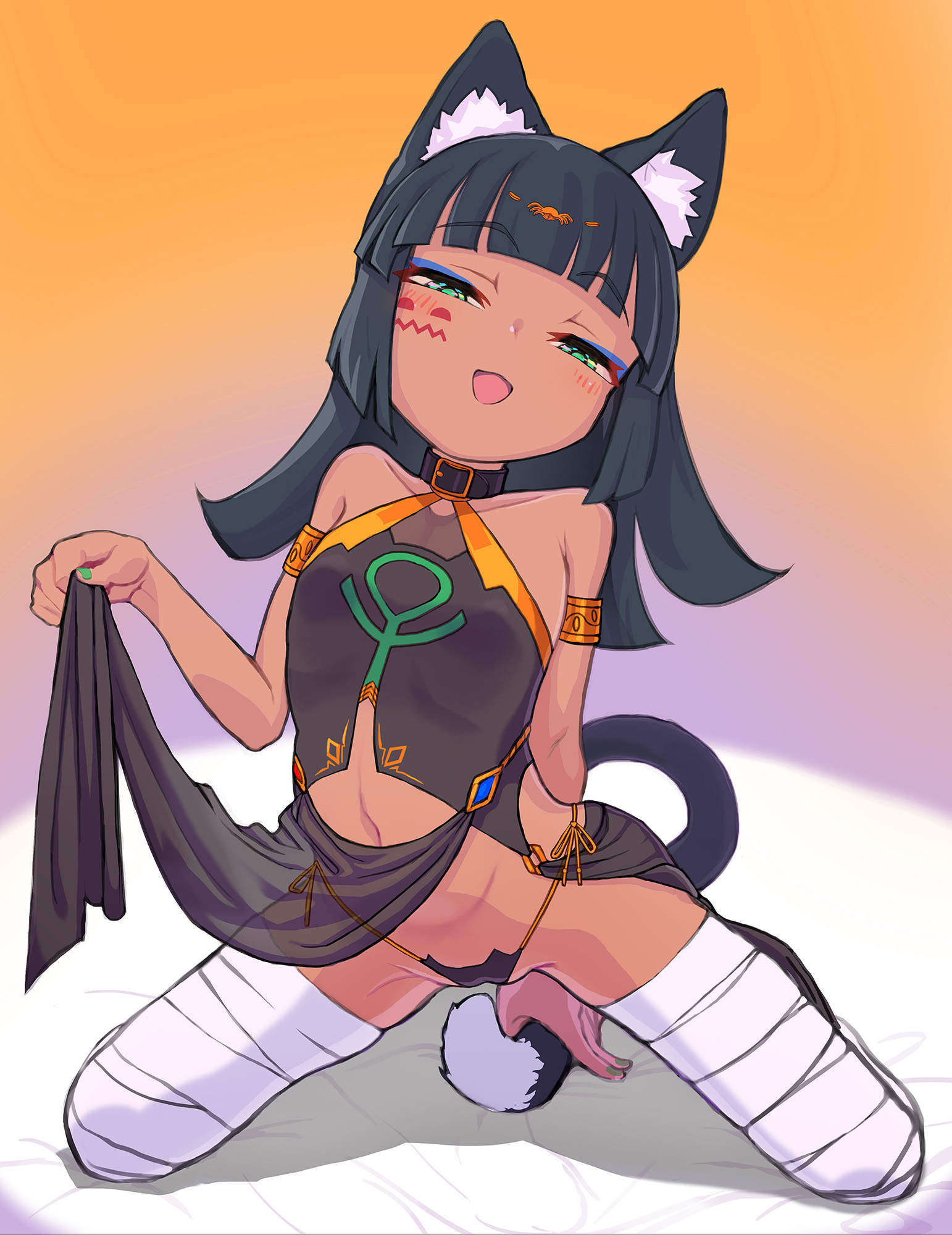 :d, 1girls, animal ear fluff, animal ears, aqua eyes, armlet, bandaged leg, bandages, bangs, bare shoulders, black hair, black panties, blunt bangs, blush, breasts, cat ears, cat tail, clothes lift, collar, dark skin, dark-skinned female, eyebrows visible through hair, eyeliner, facial mark, female, hayanye, highres, kneeling, lifted by self, loincloth, long hair, looking at viewer, makeup, navel, open mouth, original, panties, pelvic curtain, pelvic curtain lift, see-through, side-tie panties, small breasts, smile, smug, solo, tail, underwear