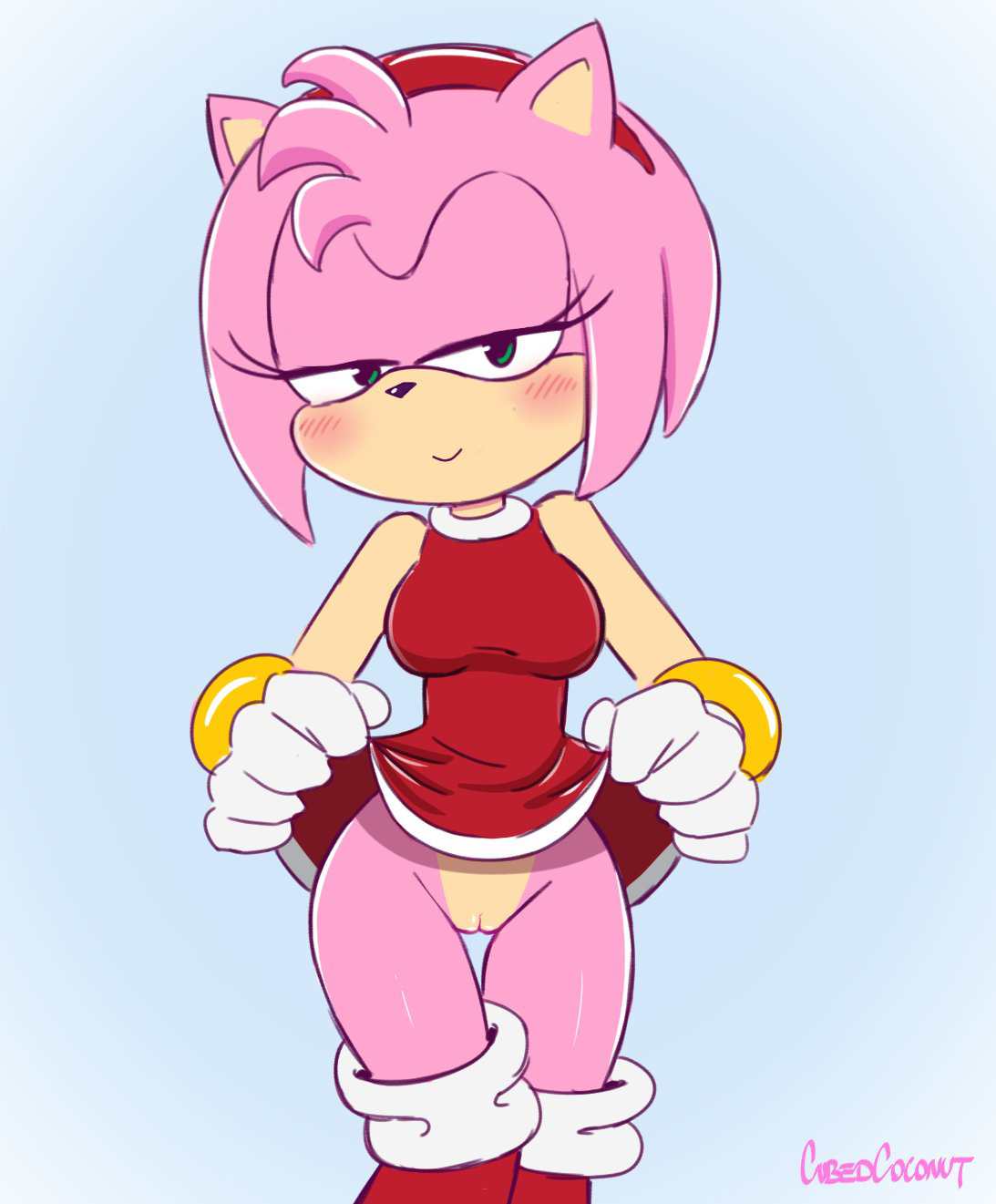 amy rose, artist name, blush, bottomless, clothing, cowboy shot, cubedcoconut, dress lift, female, gloves, green eyes, hairband, hedgehog, looking at viewer, no panties, pink fur, pink hair, presenting, pussy, sega, smile, solo, sonic (series)