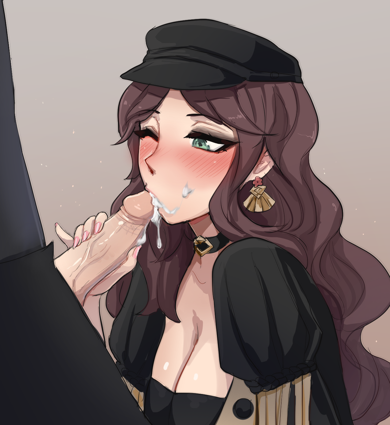 1boy, 1girls, big penis, blush, breasts, brown hair, choker, cleavage, cum, cum in mouth, cum on face, dorothea arnault, earrings, fellatio, female, female focus, fire emblem, fire emblem: three houses, garreg mach monastery uniform, green eyes, hat, heavy blush, large breasts, light skin, light-skinned female, light-skinned male, long hair, male, nail polish, nekofondue, nintendo, one eye closed, oral, penis, penis kiss, pink nails, solo focus, wavy hair