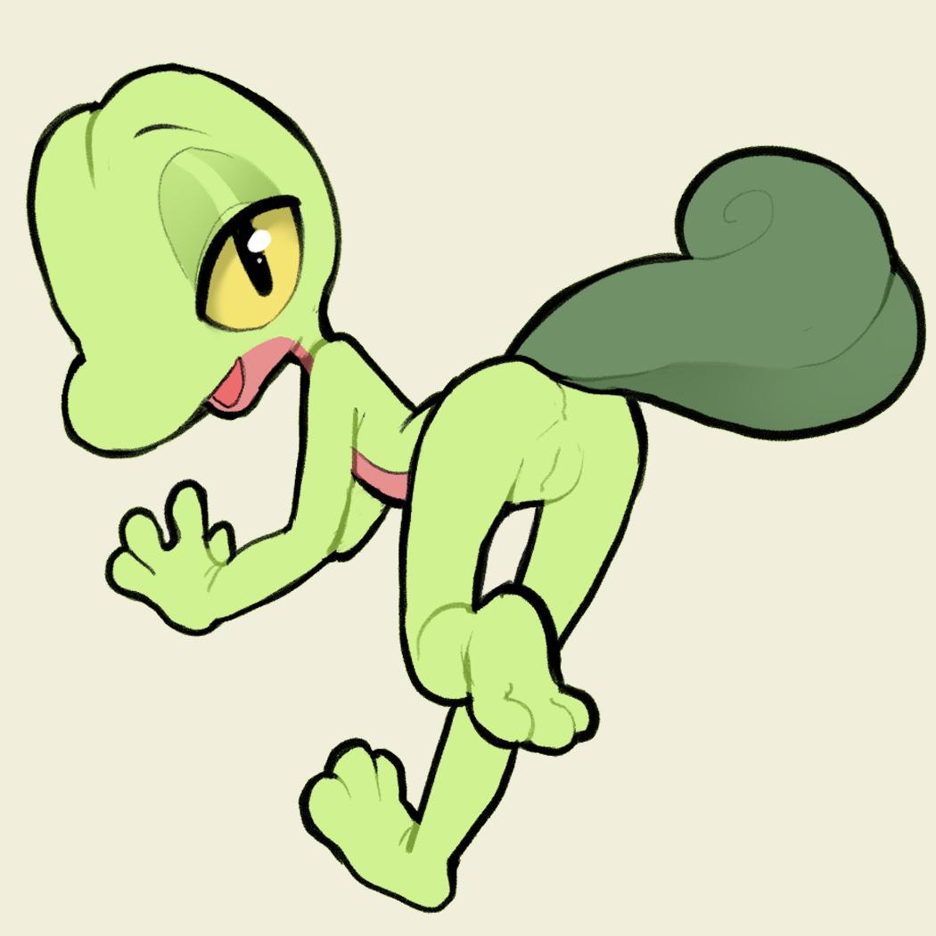 2019 anthro ass female full-length_portrait genitals green_body itsunknownanon looking_at_viewer looking_back looking_back_at_viewer nintendo nude one_leg_up pokémon_(species) pokemon portrait pupils pussy raised_leg rear_view scalie slit_pupils solo treecko video_games yellow_eyes