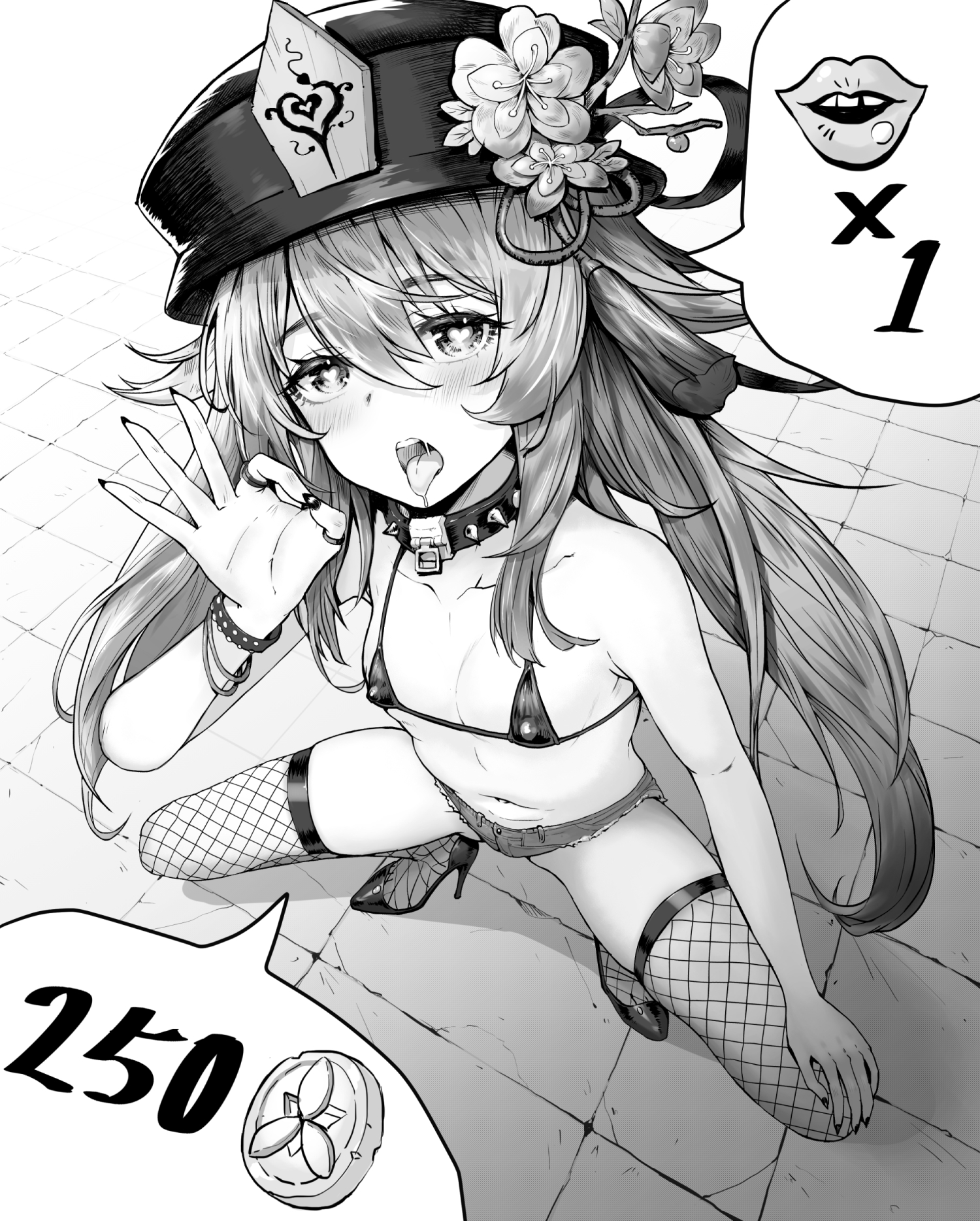bangle, bikini, bikini top, black nails, blush, bracelet, breasts, chouzetsu ero don, coin, collar, collarbone, covered erect nipples, denim, denim shorts, fellatio gesture, female, fishnet legwear, fishnets, flower, genshin impact, greyscale, hat, hat flower, heart, heart-shaped pupils, high heels, highres, hu tao (genshin impact), inviting, jewelry, lips, looking at viewer, micro bikini, monochrome, nail polish, naughty face, navel, open mouth, oral invitation, prostitution, saliva, short shorts, shorts, small breasts, spiked collar, spikes, swimsuit, symbol-shaped pupils, thighhighs, thought bubble, tongue, tongue out, top hat, twintails, wristband