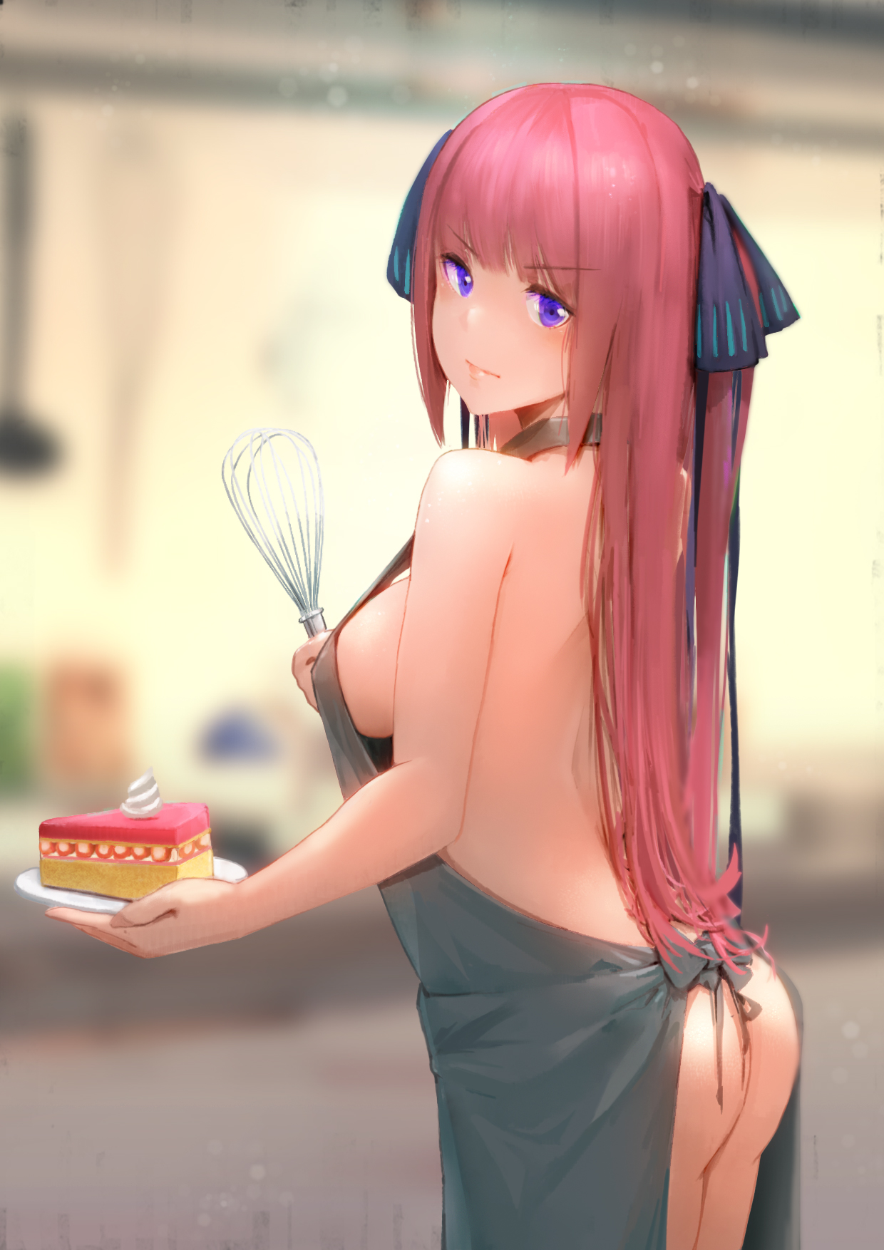 aduo, apron, apron only, ass, blurry, blush, cake, female, go-toubun no hanayome, hair ribbon, nakano nino, naked apron, pink hair, purple eyes, tagme