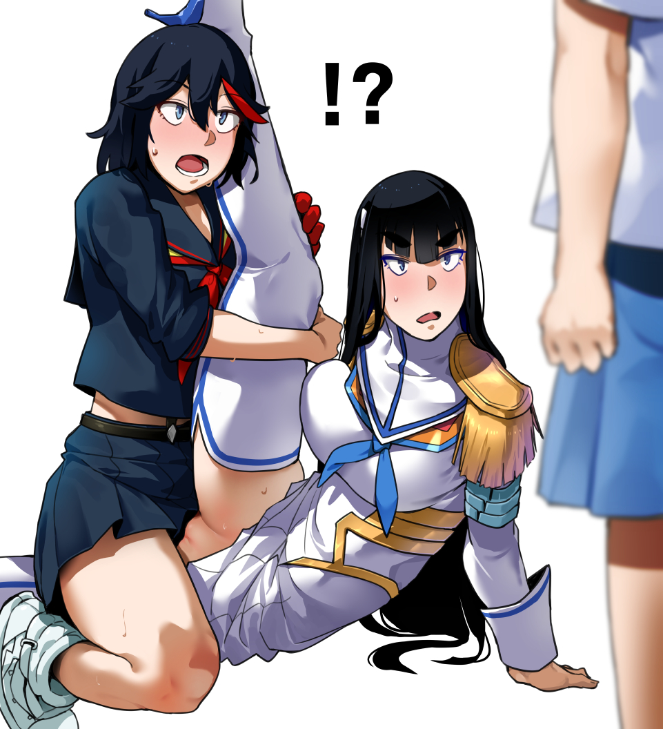 !? bakkanki black_hair blue_eyes blush caught clothed cuckquean female high_heel_boots high_heels implied_futanari incest junketsu kamui_(kill_la_kill) kill_la_kill kiryuuin_satsuki long_hair mankanshoku_mako matoi_ryuuko netorare open_mouth red_hair red_highlights satoriwappa senketsu siblings sisters skirt surprised sweat tomboy tribadism white_background yuri