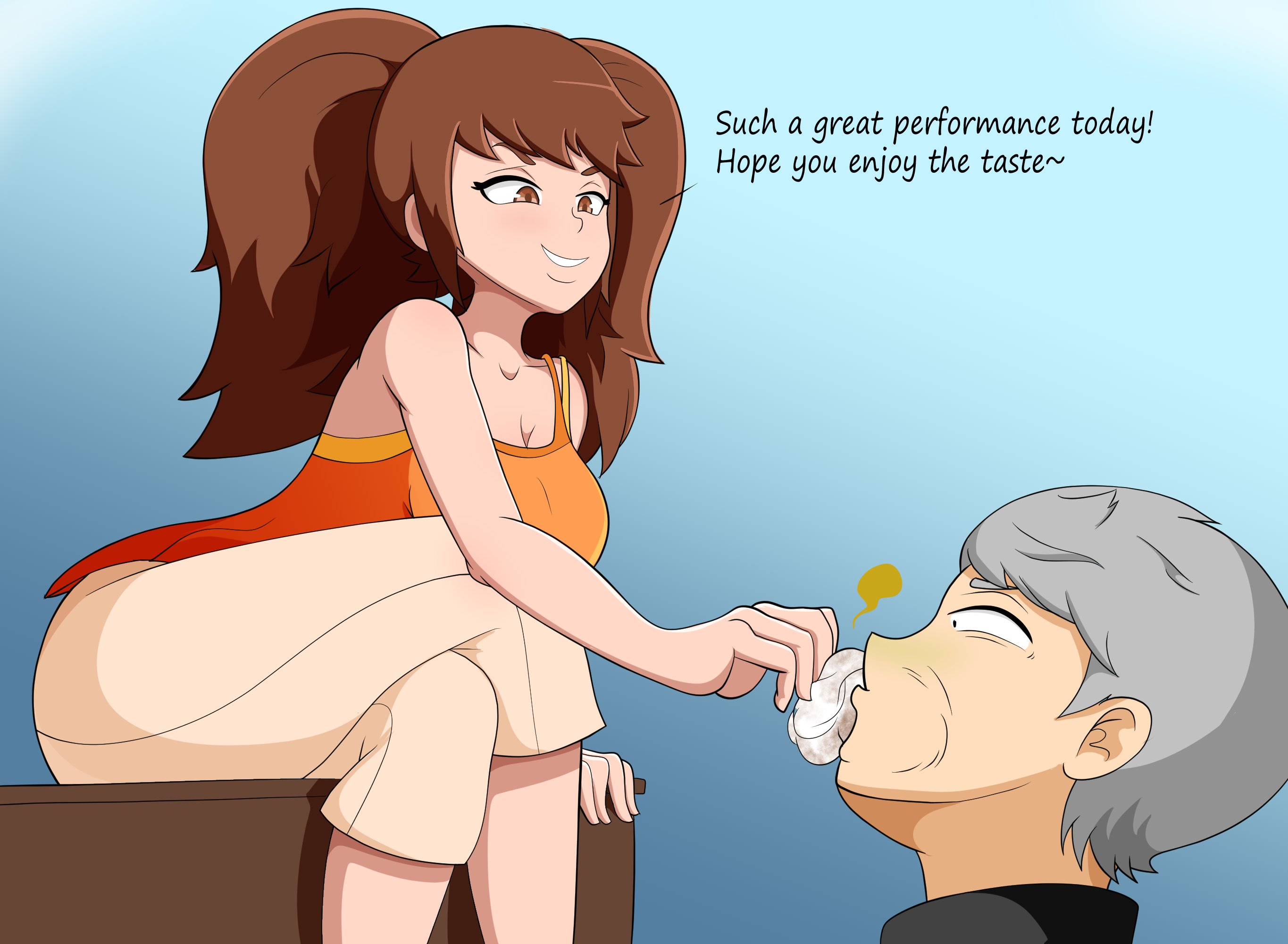 1boy, 1girls, ass, atlus, big ass, big butt, brown eyes, brown hair, fart, fart cloud, female, kujikawa rise, legs crossed, male, panties, panties in mouth, persona, persona 4, protorepulsive, repulsiveproto, sitting, smile, text, thick thighs, twintails