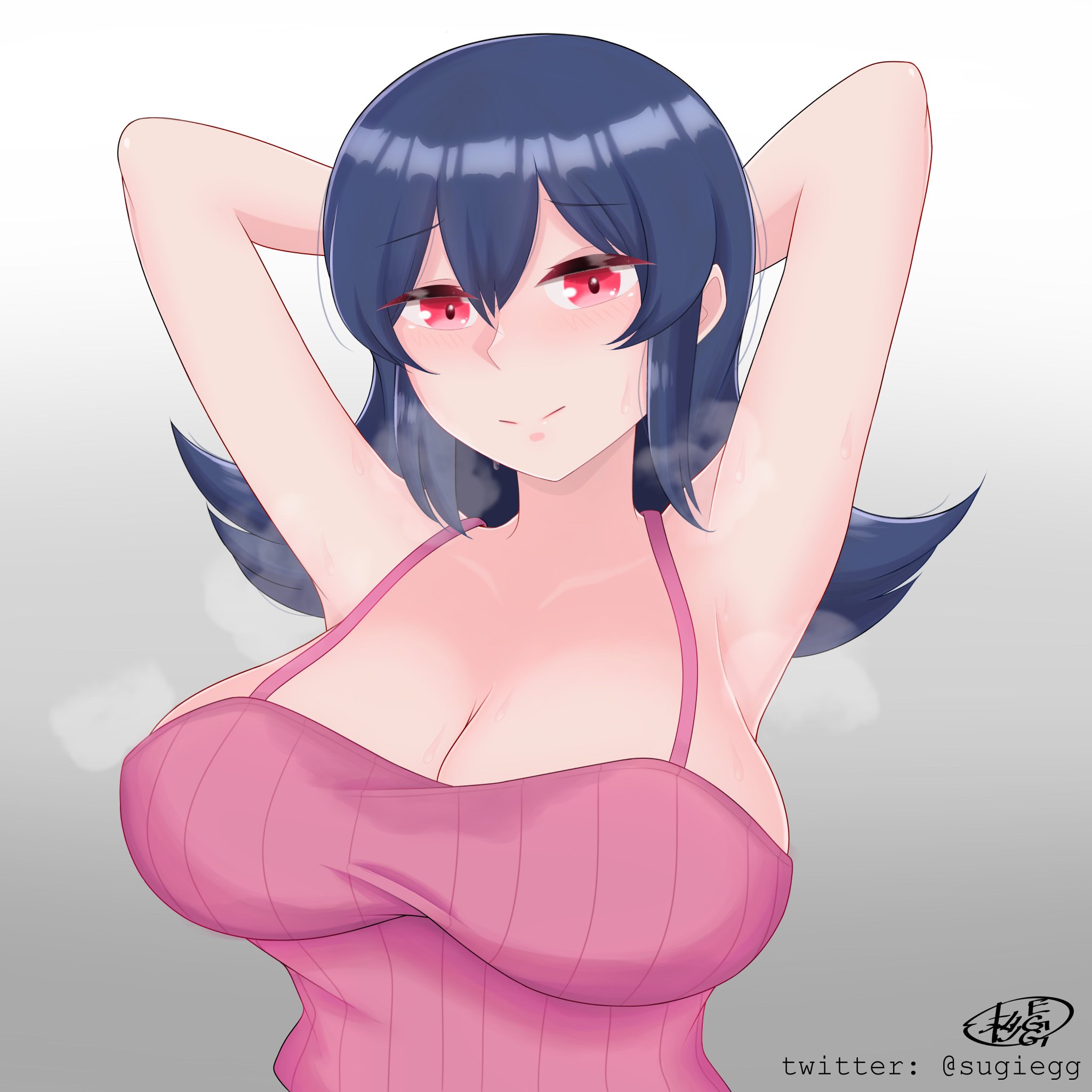 armpits, big breasts, blue hair, breasts, crop top, female, female focus, female only, gym leader, light skin, light-skinned female, looking at viewer, pink crop top, pokemon, pokemon hgss, pokemon rgby, sabrina (pokemon hgss), sabrina (pokemon), solo, solo female, sugiegg, sweat, sweat stain, sweaty armpits, sweaty body, sweaty breasts