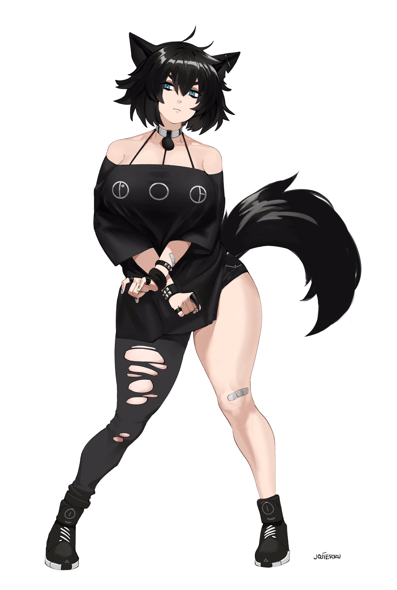1girls, bandage, bare shoulders, black hair, blue eyes, bracelets, collar, female, female only, fictional language, full body, ginjimayoshima, goth, hi res, jojierru, light skin, light-skinned female, looking at viewer, matoran text (bionicle), medium hair, messy hair, raine (zanamaoria), ring, shoes, shorts, slit, solo, solo female, thick thighs, white background, wolf ears, wolf girl, wolf tail