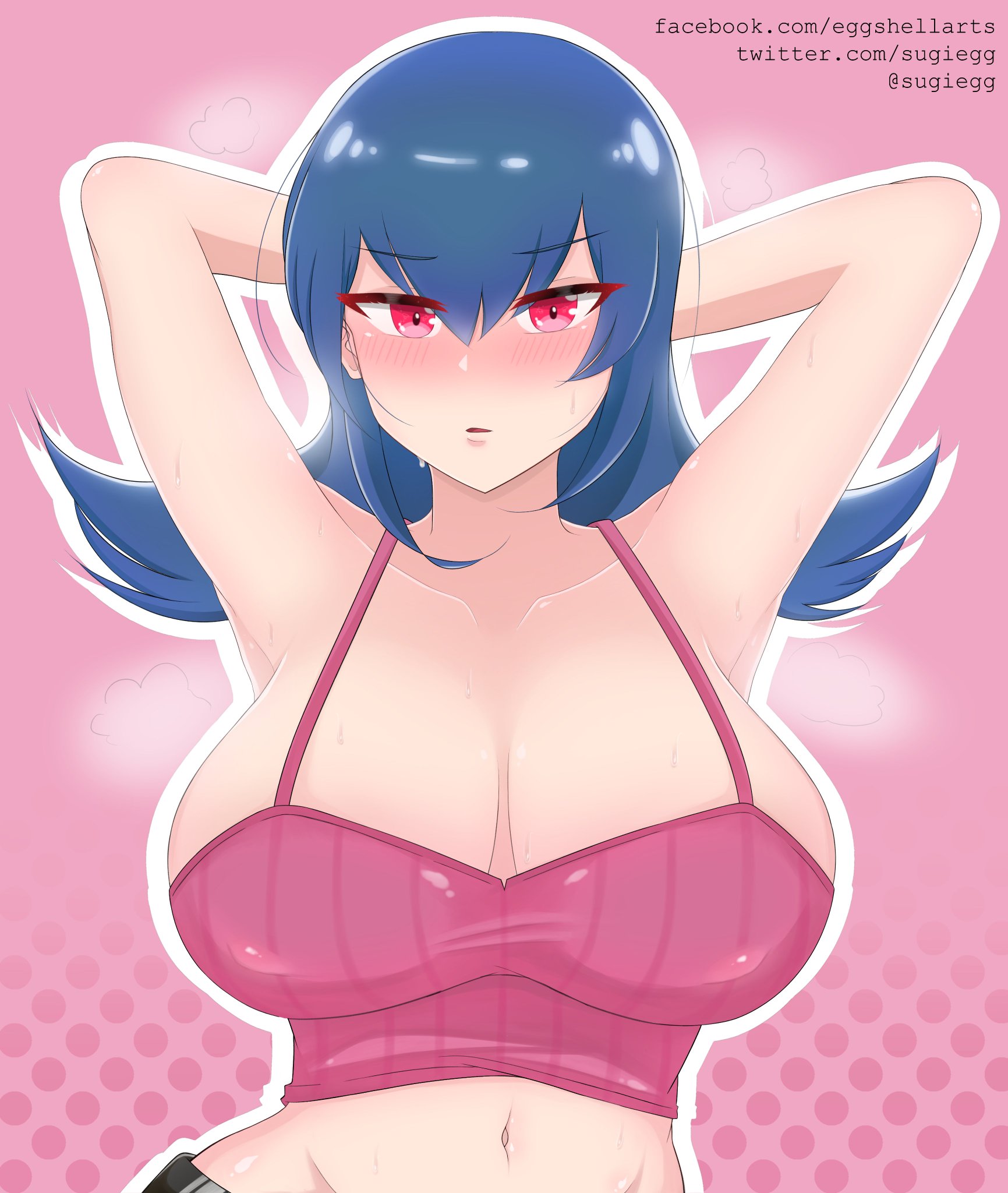 armpits, background, big breasts, blue hair, blush, breasts, crop top, female, female focus, female only, gym leader, light skin, light-skinned female, looking at viewer, pink crop top, pokemon, pokemon hgss, pokemon rgby, sabrina (pokemon hgss), sabrina (pokemon), solo, solo female, sugiegg, sweat, sweaty body, sweaty breasts, voluptuous