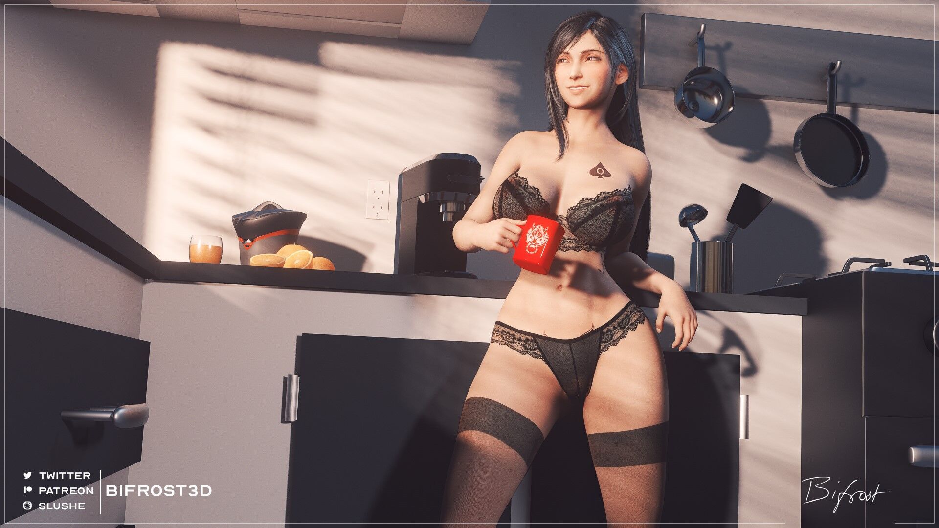 1girls, 3d, alternate version available, bifrost3d, big breasts, breasts, coffee mug, female, female focus, female only, final fantasy, final fantasy vii, light skin, light-skinned female, lingerie, queen of spades, tifa lockhart, underwear