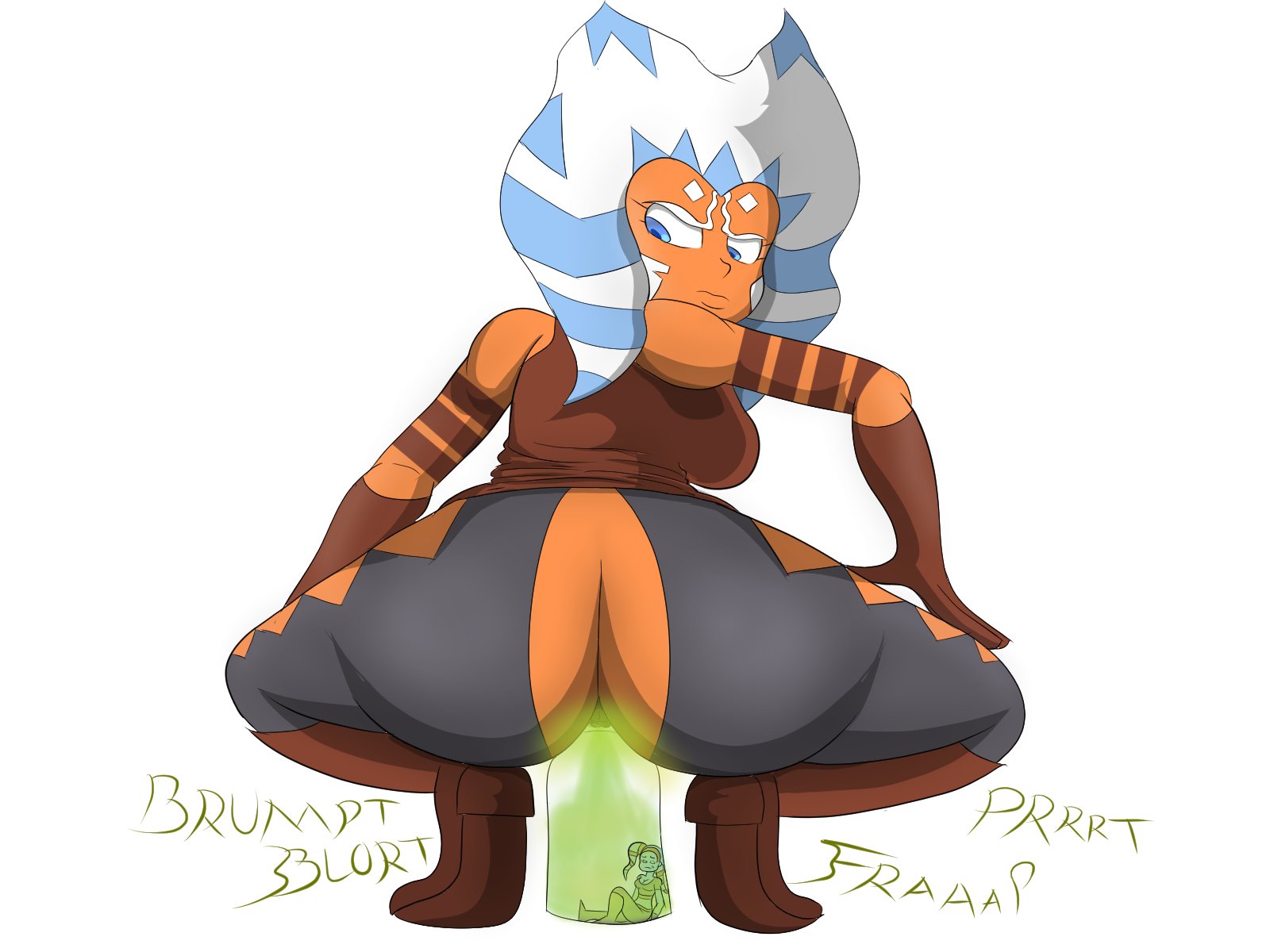 2girls, aayla secura, ahsoka tano, anus, ass, asshole, big ass, big butt, blue eyes, blue skin, cleavage, clone wars, disney, fart, fart cloud, fart fetish, farting, female, giantess, jar, looking back, multiple females, multiple girls, orange skin, protorepulsive, repulsiveproto, smaller female, squatting, star wars, thick thighs, togruta, twi'lek, yuri