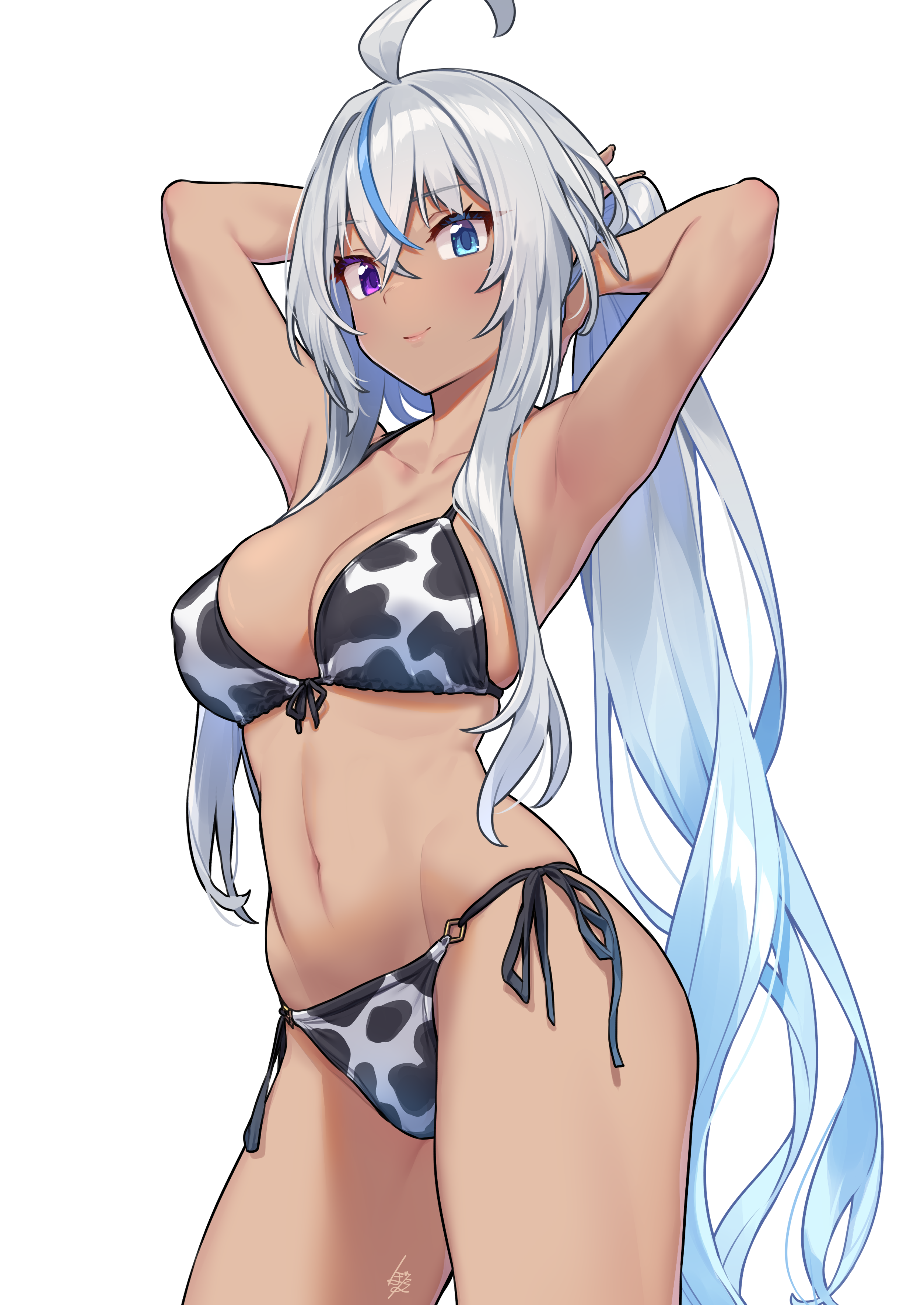 1girls, absurdres, ahoge, animal print, armpits, arms behind head, baffu, big breasts, bikini, blue eyes, blue hair, breasts, busty, cleavage, closed mouth, commentary request, cow print, cow print bikini, dark skin, dark-skinned female, eyebrows visible through hair, female, gradient hair, grey hair, hair between eyes, heterochromia, highres, large breasts, legs, long hair, looking at viewer, medium breasts, multicolored hair, navel, original, ponytail, pose, posing, purple eyes, sensual, sexy armpits, side-tie bikini, silver hair, simple background, smile, solo, streaked hair, swimsuit, thighs, very long hair, white background, yuuna (baffu)