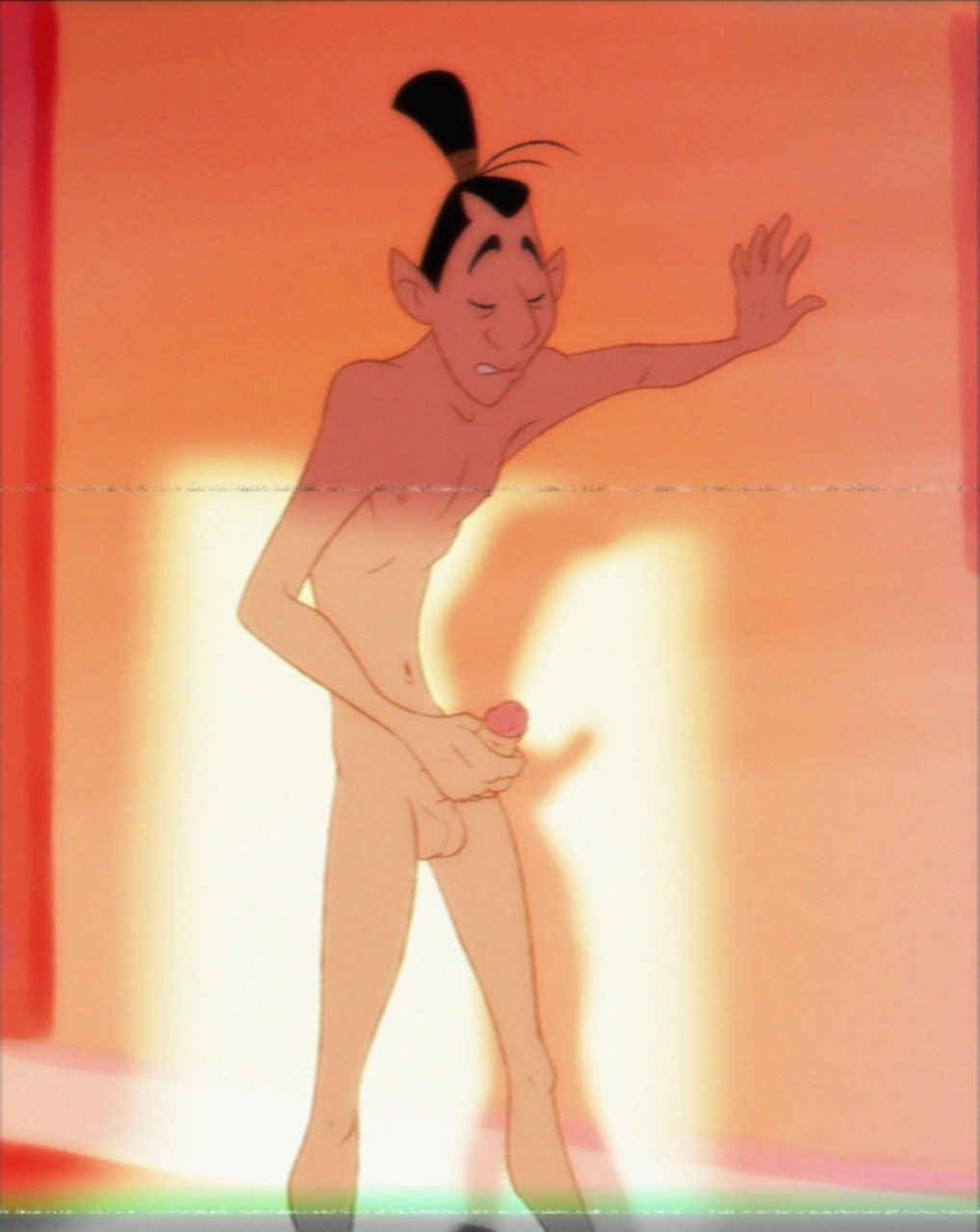 black_hair disney fake_screenshot human ladysomnambule ling_(mulan) male male_nipples male_only masturbation mulan penis pointy_ears skinny testicles