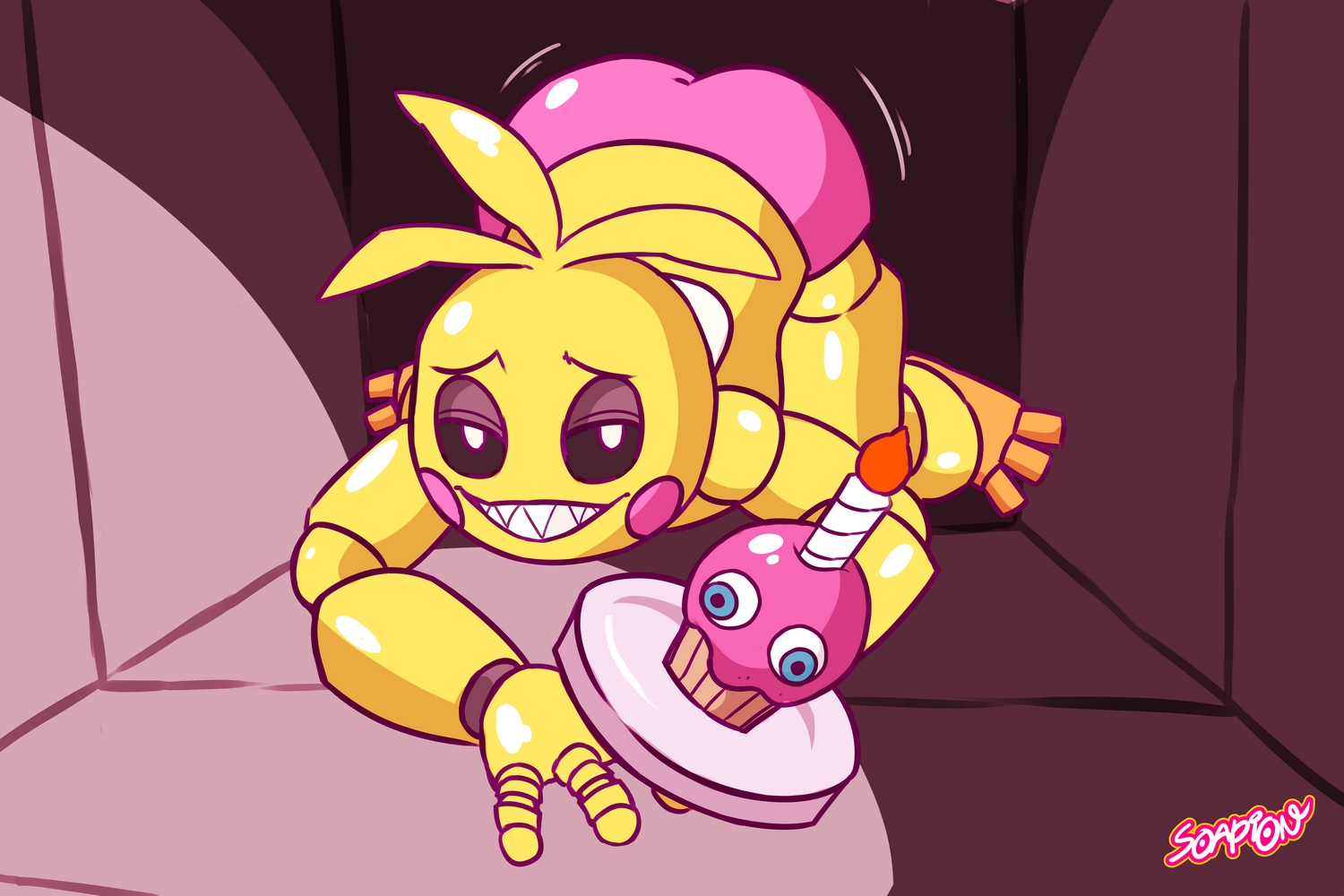 1girls, animatronic, ass, chicken, crawling, cupcake (fnaf), female, five nights at freddy's, five nights at freddy's 2, panties, shaking ass, shaking butt, smug, soapion, solo, toy chica (fnaf), twerking