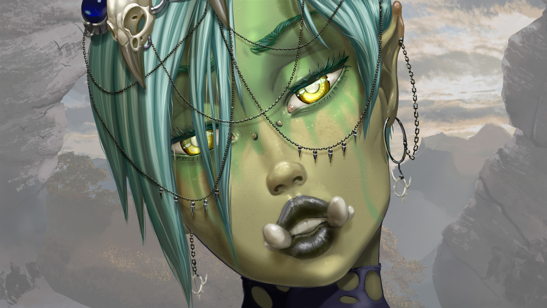 1futa, 1girls, bedroom eyes, blue hair, female, futanari, green skin, headshot portrait, highres, humanoid, implied futa, intersex, majalis, nude, orc, orc futa, seductive eyes, seductive look, solo, tales of androgyny, urka (tales of androgyny)