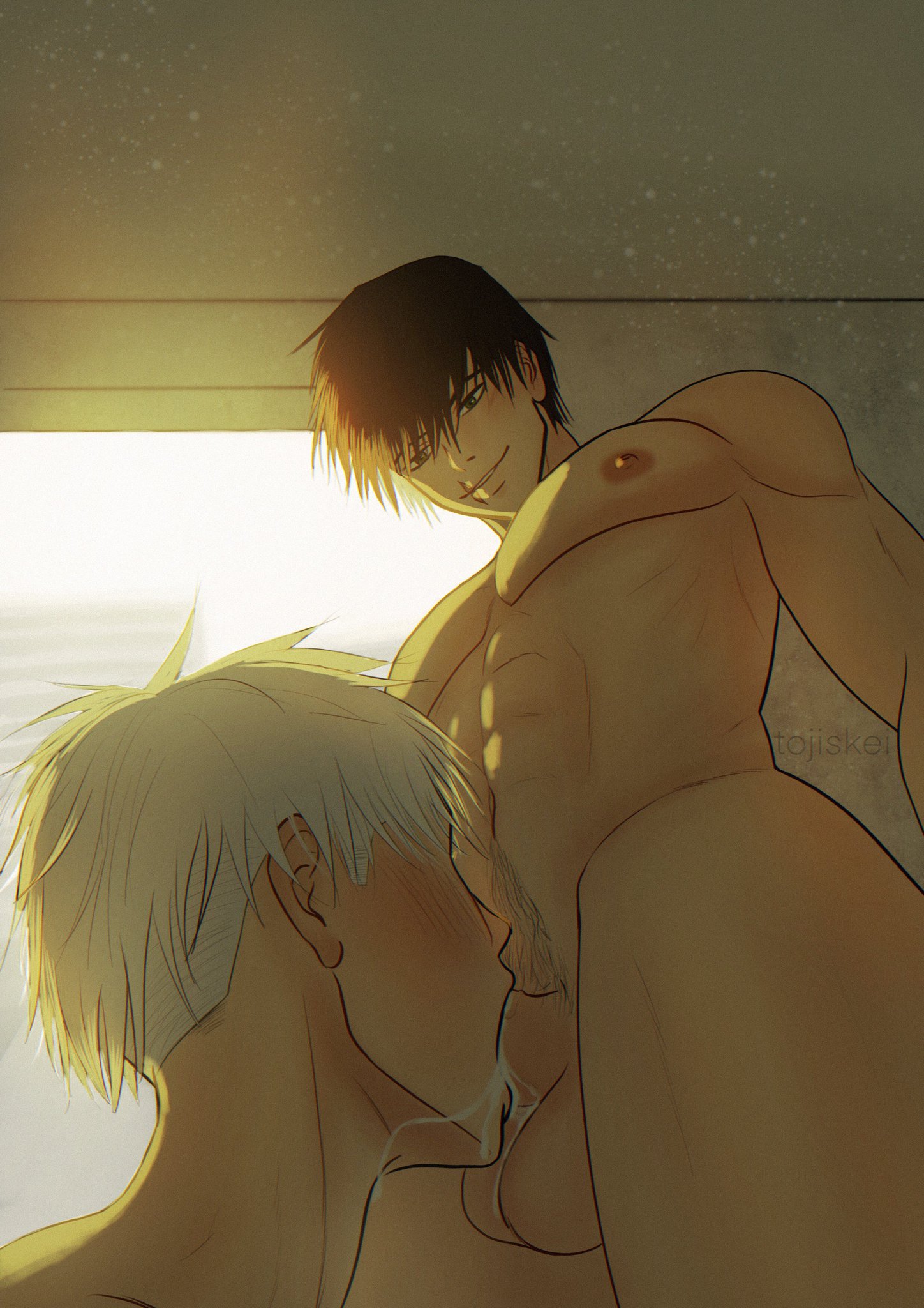 2boys, black hair, bodily fluids, fellatio, gay, jujutsu kaisen, looking down, male, male focus, male only, male/male, nude, nude male, oral, oral sex, penis, penis in mouth, satoru gojo, toji fushiguro, tojiskei, white hair, yaoi