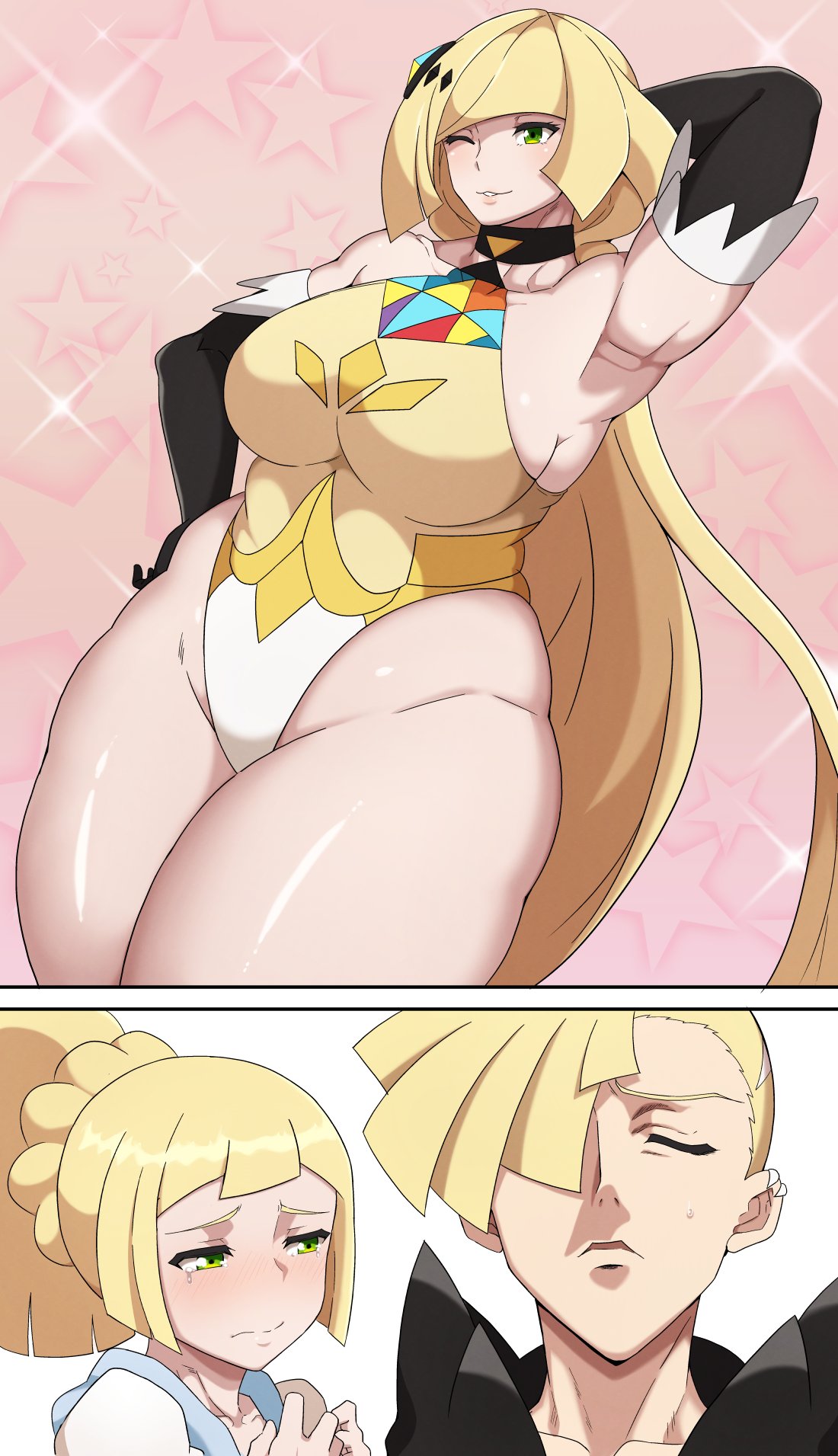 1boy 2girls alternate_costume armpits big_breasts blonde_female blonde_hair blush breasts choker chubby curvaceous daughter eye_contact female gladion_(pokemon) gloves green_eyes implied_incest leotard lillie_(pokemon) long_hair looking_at_viewer lusamine_(pokemon) mature_female milf mother_and_daughter mother_and_son multiple_girls nintendo oryuto pokemon pokemon_masters pokemon_masters_ex pokemon_sm son standing sygna_suit_lusamine thick_thighs thighs voluptuous wide_hips