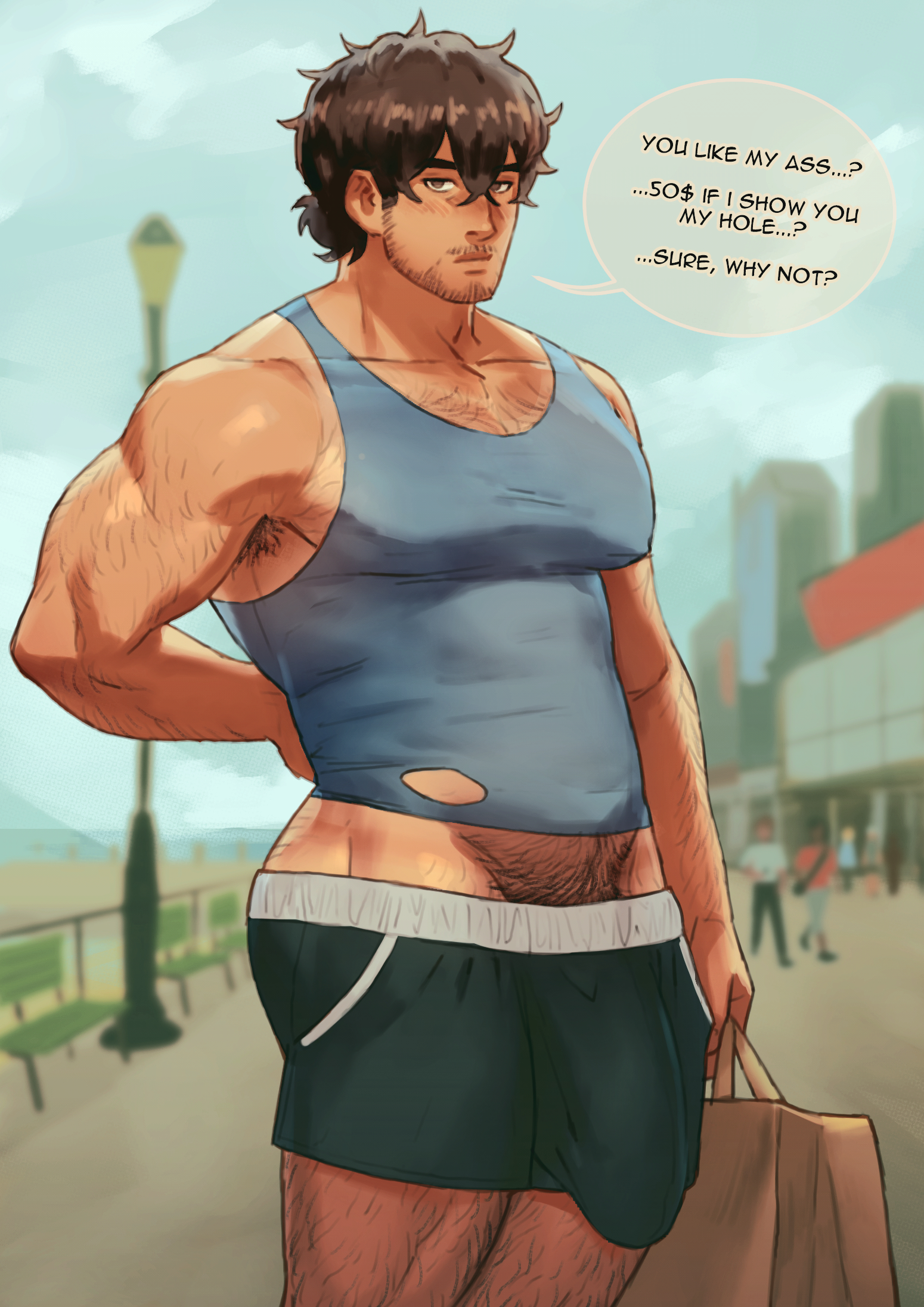 1boy, armpit hair, ass, balls, bara, belly, biceps, big ass, big balls, big bulge, big butt, big pecs, big penis, black hair, blue sky, blue topwear, boardwalk, body hair, bottomless, breasts, bulge, chest hair, clothed, clothing, dark penis, dialogue, dilf, dreampipe, english dialogue, english text, erect nipples, erection under clothes, facial hair, flaccid, flaccid penis, foreskin, hairy, hairy armpits, hairy arms, hairy chest, hairy legs, hairy male, hairy thighs, hand on back, hanging balls, hanging penis, holding object, huge bulge, huge cock, huge penis, human, human only, in public, looking at viewer, lust, male, male chest, male focus, male only, male with breasts, masculine male, mature, mature male, moobs, muscles, muscular, muscular chest, muscular male, nipple bulge, nipples, pecs, pectoral bulge, pectorals, penis, pubic hair, public, shorts, sleeveless, sleeveless shirt, solo, solo focus, solo male, standing, tan, tan skin, tanline, text, thick eyebrows, toned, toned body, toned male, topwear, uncircumcised, uncut, veins, yaoi