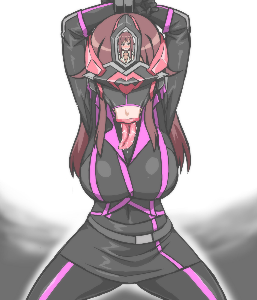 :>= belt blowjob_face body_modification cleavage fellatian female fully_clothed large_breasts latex latex_bodysuit latex_clothing lip_expansion mid-transformation miniskirt navel otoo_(izanagi) restraints thick_lips tied_hands to-gnaniwa transformation visor