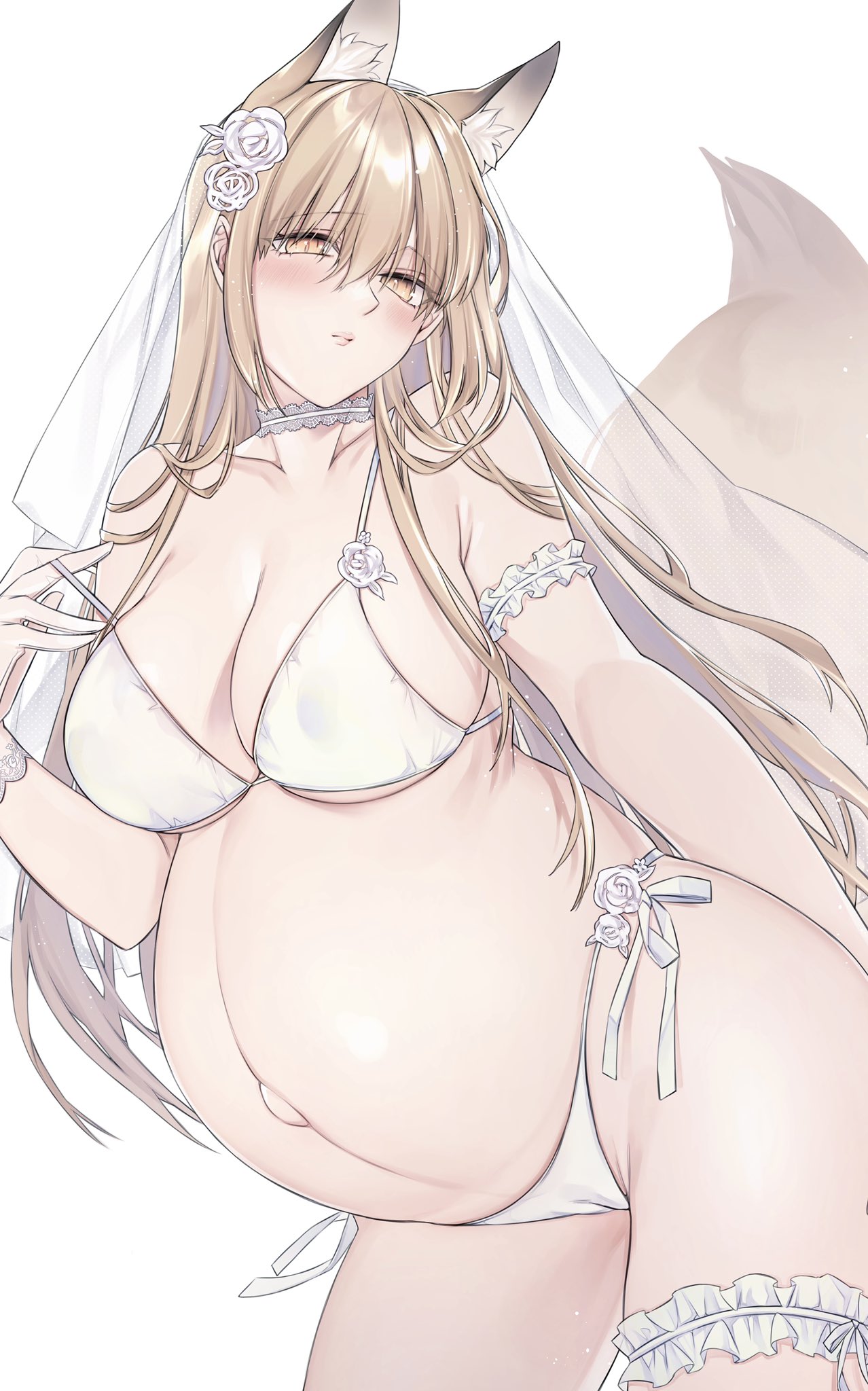 armband, big breasts, blonde hair, blush, bra, breasts, bridal veil, bride, choker, cleavage, female, female only, flower in hair, fox ears, fox girl, fox tail, garter, kemonomimi, lingerie, long hair, looking at viewer, original, panties, pregnant, shizu-chan, side-tie panties, solo, voluptuous, wedding lingerie, white bra, white panties, yellow eyes, yukibuster