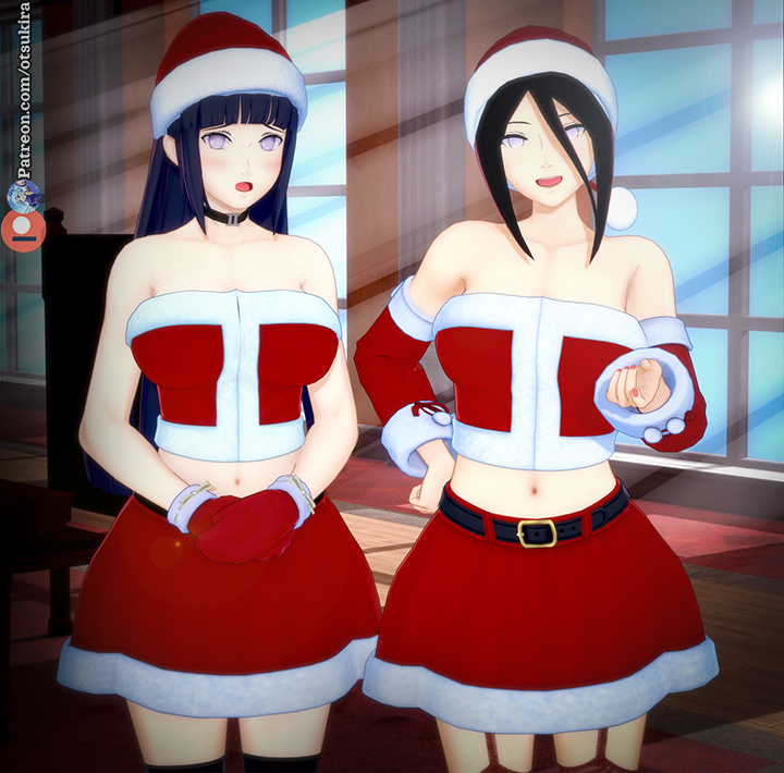 2girls 3d alternate_breast_size arm_warmers armwear bare_arms bare_shoulders belly_button belt big_breasts blue_hair blush brown_hair choker christmas cleavage clothed clothed_female clothing collar crop_top female female_focus female_only gloves hand_on_hip holidays hyuuga_hanabi hyuuga_hinata indoors koikatsu large_breasts legwear long_hair looking_at_viewer mittens nail_polish naruto naruto:_the_last naruto_(series) naruto_shippuden navel open_mouth otsukira painted_nails pale-skinned_female pale_skin pink_nail_polish pink_nails purple_eyes santa_claus_(cosplay) santa_costume santa_hat shounen_jump sisters skirt sleeveless sleeveless_dress smile smiling standing stockings thighhighs very_long_hair voluptuous window