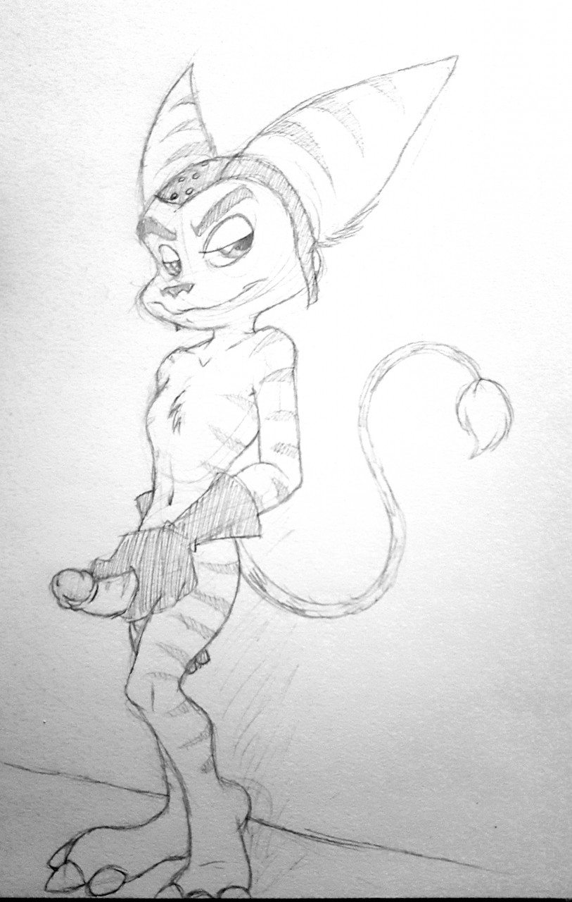 alien anthro claws furry gloves ladysomnambule male male_only masturbation monochrome ratchet_(ratchet_and_clank) ratchet_and_clank smile solo striped_fur tail traditional_media_(artwork)