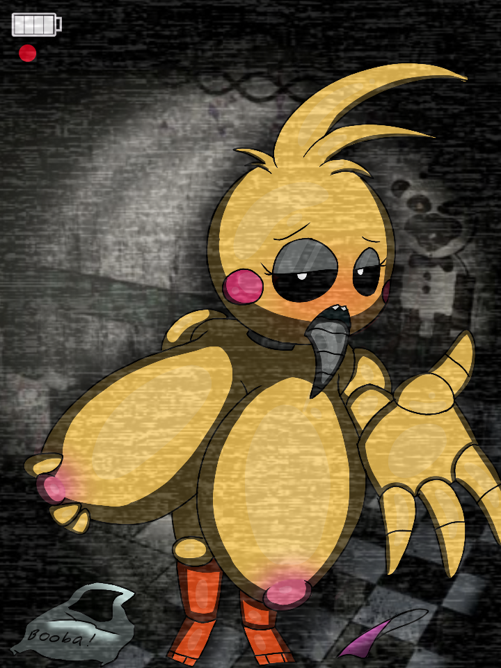 animatronic big_areola big_belly big_breasts chicken female female_only five_nights_at_freddy's five_nights_at_freddy's_2 fnaf metal_tongue nipple_pinch nipples no_bra panties_down solo tongue tongue_out toy_chica_(fnaf) videojustin1999