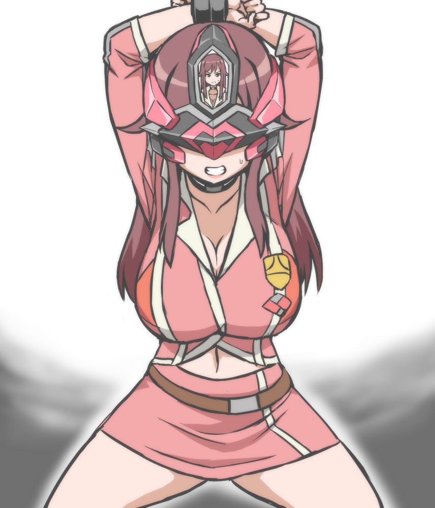 belt cleavage female fully_clothed large_breasts miniskirt navel otoo_(izanagi) pre-transformation restraints tied_hands to-gnaniwa transformation visor