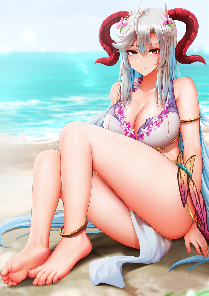 1girls alternate_costume anklet armlet ass bangs bare_legs barefoot beach big_ass bikini blue_hair breasts chinese_commentary cleavage collarbone curled_horns english_commentary eyebrows_visible_through_hair female_only fingernails fire_emblem fire_emblem_heroes flower flower_necklace freyja_(fire_emblem) freyja_(summer)_(fire_emblem) ginhaha goat_horns gradient_hair grey_hair hair_between_eyes hair_flower hair_ornament highres horns huge_breasts jewelry korean_commentary large_breasts long_hair looking_at_viewer mixed-language_commentary multicolored_hair necklace nintendo ocean official_alternate_costume outdoors parted_lips pelvic_curtain pink_flower red_eyes red_horns sand sidelocks sitting sky solo swimsuit teeth thighs toes two-tone_hair very_long_hair water white_bikini white_flower white_swimsuit