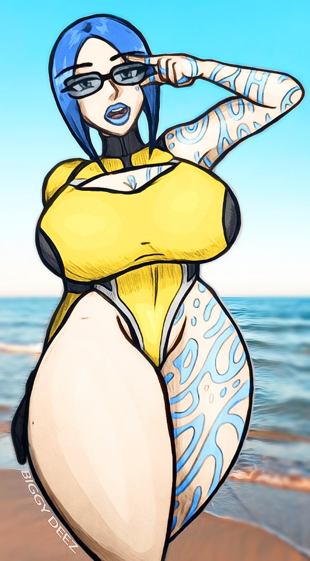 1girls, 2d, adjusting eyewear, adjusting glasses, adjusting sunglasses, beach, biggy deez, blue hair, blue lipstick, bob cut, body markings, borderlands, borderlands 2, breasts, deezysempai, female, female focus, female only, glasses, huge breasts, large breasts, light skin, light-skinned female, looking at viewer, maya (borderlands), pale skin, pale-skinned female, short hair, simple background, siren (borderlands), siren markings, solo, solo female, solo focus, sunglasses, tattoo, tattoos, thick thighs, tight clothing, tinted eyewear, wide hips