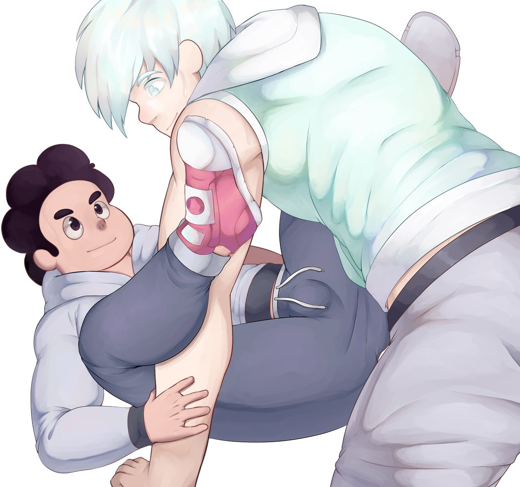 2boys adrian_(fermrviper) brown_eyes brown_hair fermrviper gay image_set male male_only multiple_boys on_back spread_legs steven_quartz_universe steven_universe teal_eyes white_background white_eyes white_hair yaoi