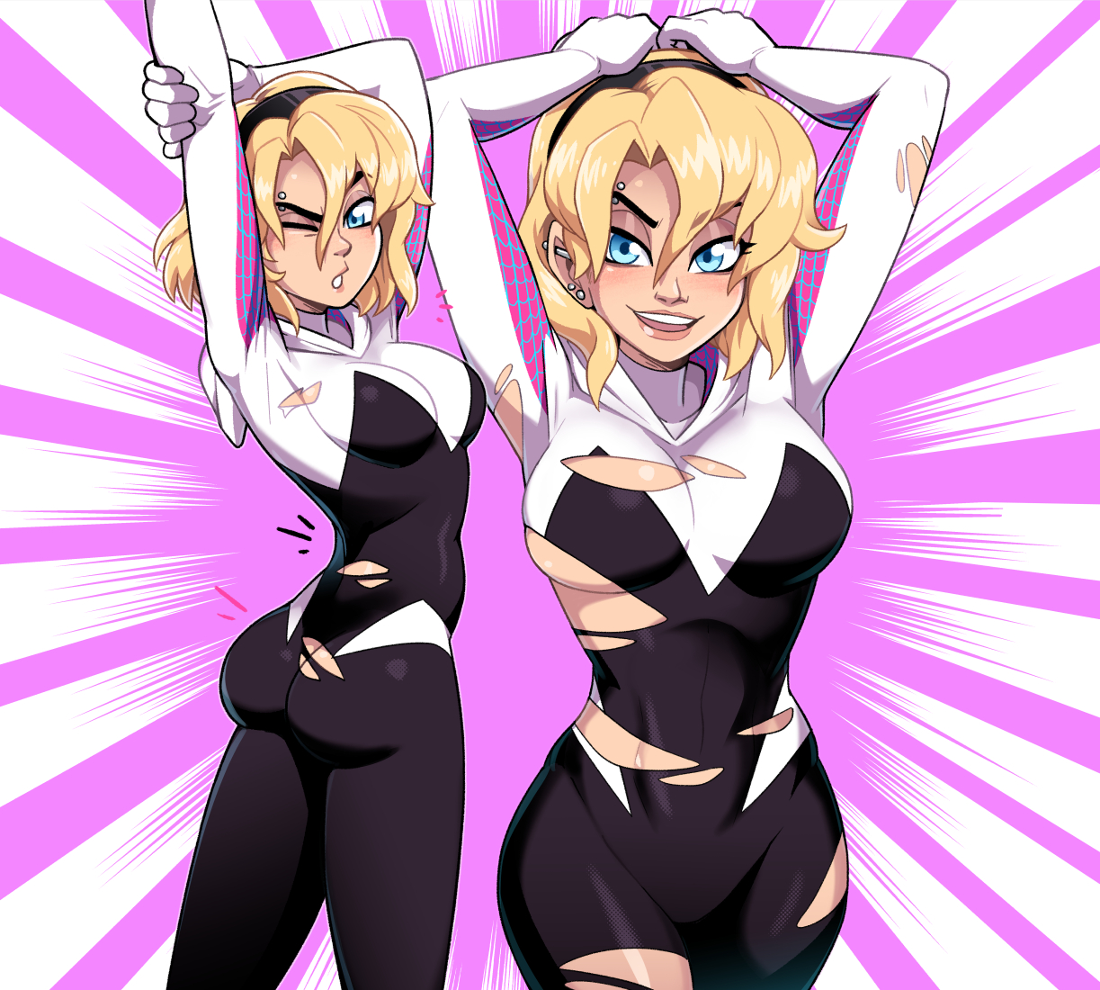 big breasts, breasts, datskelebutt, female, female only, gwen stacy, hairband, marvel, marvel comics, pose, smile, solo, solo female, spider-gwen, spider-man (series), superheroine, tagme, teenager, torn clothes