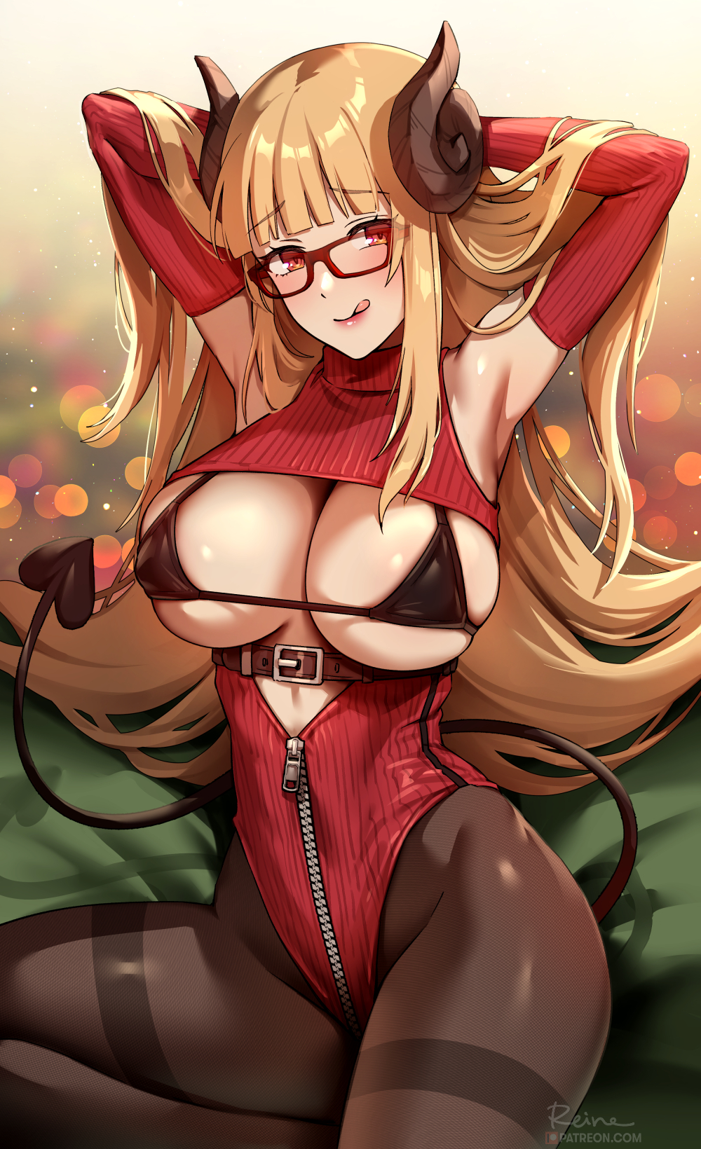 1girls, 2021, arm warmers, armpits, arms above head, arms up, artist signature, belt, bikini top, black bikini top, blonde hair, blurry background, blush, breasts, demon, female, female only, foxy rain (foxyreine), foxyrain (foxyreine), foxyreine, glasses, highleg leotard, hips, horns, huge breasts, indie virtual youtuber, leotard, long hair, long tail, looking at viewer, megane, naughty face, original, original character, red eyes, sheer legwear, slim waist, succubus, suggestive look, sweater, tail, tane tenshi, thick thighs, thighs, tights, tongue, tongue out, virtual youtuber, wide hips