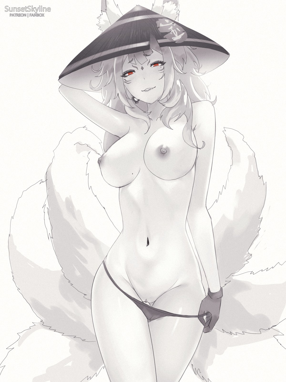 big breasts, big hat, breasts, female, fluffy tail, fox ears, fox tail, gloves, large breasts, nijisanji, nijisanji en, nina kosaka, panties down, pussy, red eyes, sunset skyline, sunsetskyline, topless, uncensored, virtual youtuber