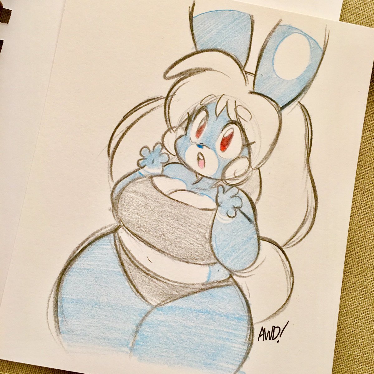 andrew_dickman anthro awd bbw belly big_ass big_breasts blue_body blush bra breasts bunny chubby chubby_female cute drawing exposed_belly exposed_stomach furry furry_only long_ears long_hair looking_at_viewer looking_back panties pencil_(artwork) pencil_sketch pixels_bunni posing rabbit shocked shocked_expression stomach white_hair