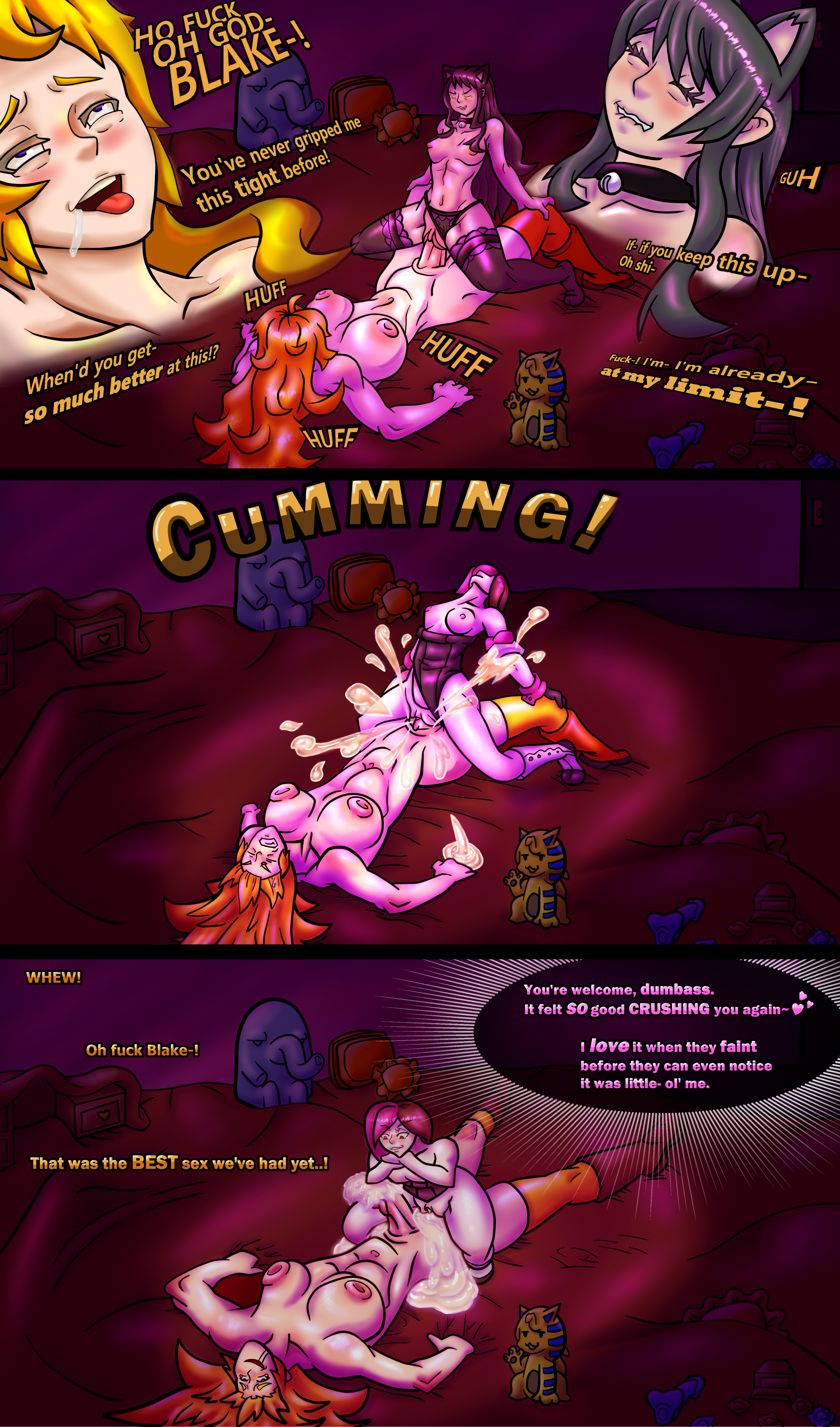 1futa, 1girls, after sex, areolae, blake belladonna, breasts, caption, comic, comic page, cowgirl position, cum, cum in pussy, cum inside, dinotits, disguise, duo, english, faint, female, femdom, femdom caption, futa on female, futanari, futasub, heterochromia, human, intersex, light skin, light-skinned female, light-skinned futa, multicolored eyes, multicolored hair, neo (rwby), nipples, no shoes, nude, pale skin, penis, pussy, rwby, sex, tagme, text, thighhighs, three panels, tricked, tricked into sex, unaware, vaginal penetration, yang xiao long