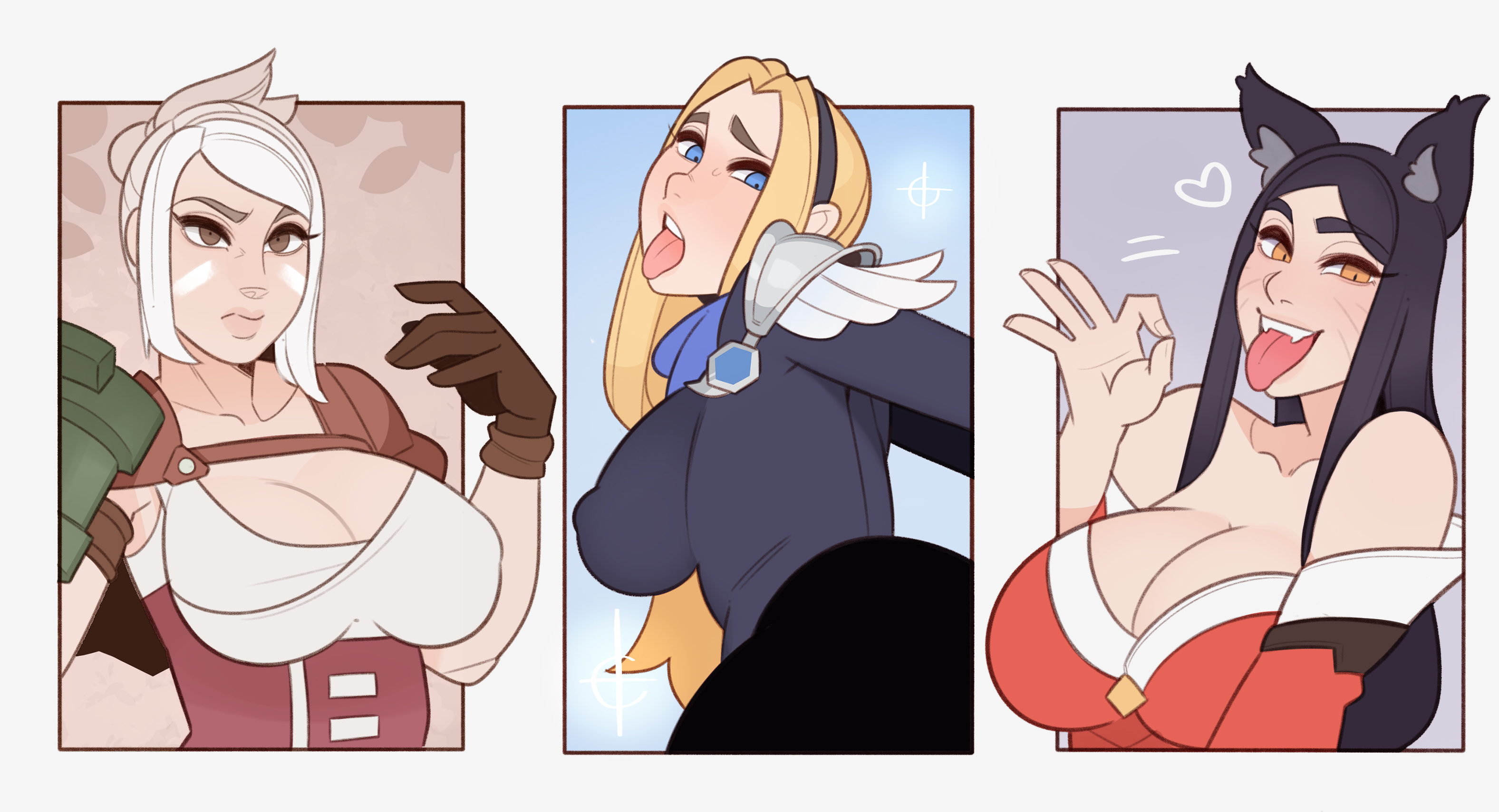 ahri, fellatio gesture, female, league of legends, luxanna crownguard, riven, splashbrush