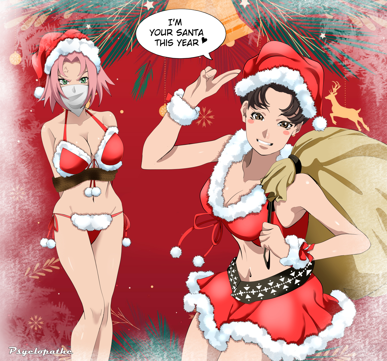 2girls, adapted costume, anger vein, angry, arms behind back, bare legs, bare shoulders, big breasts, bikini, blush, blush stickers, bondage, breasts, brown eyes, brown hair, christmas, cleavage, covered mouth, crop top, double bun, female, female only, fur trim, gag, gift, hair bun, hat, headwear, holding object, light skin, light-skinned female, looking at viewer, midriff, miniskirt, mouth gag, multiple females, multiple girls, naruto, naruto (series), naruto shippuden, navel, no bra, outfit, pelvic curtain, present, psyclopathe, revealing clothes, rope, sack, sakura haruno, santa costume, santa hat, sexually suggestive, shiny, shiny hair, shiny skin, side-tie bikini, skirt, talking, talking to viewer, tenten, tied up, waving, wristband