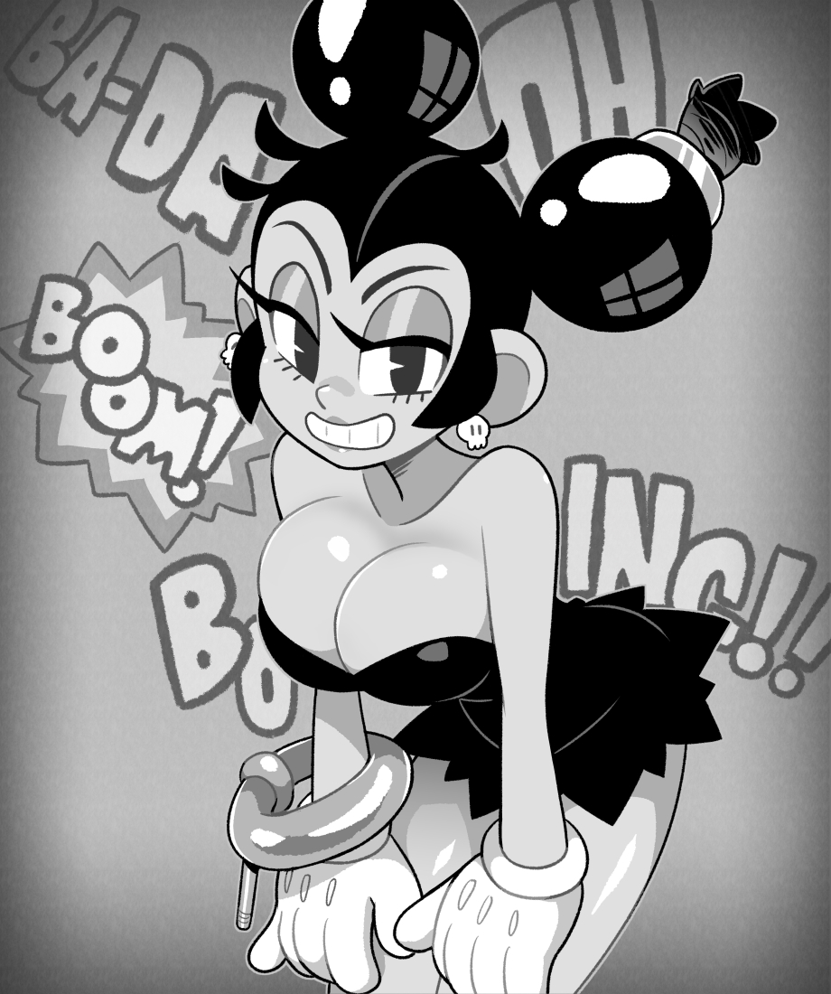 1girls 2d bean_smile big_breasts big_hands black_and_white black_hair bomb bomb_girl breasts clothing curvy datskelebutt double_bun dress female gloves hands_on_thighs monochrome oc pac-man_eyes retro_artstyle retro_artstyle_(western) rubber_hose rubberhose skull_earrings smile solo tagme thick_thighs twin_buns