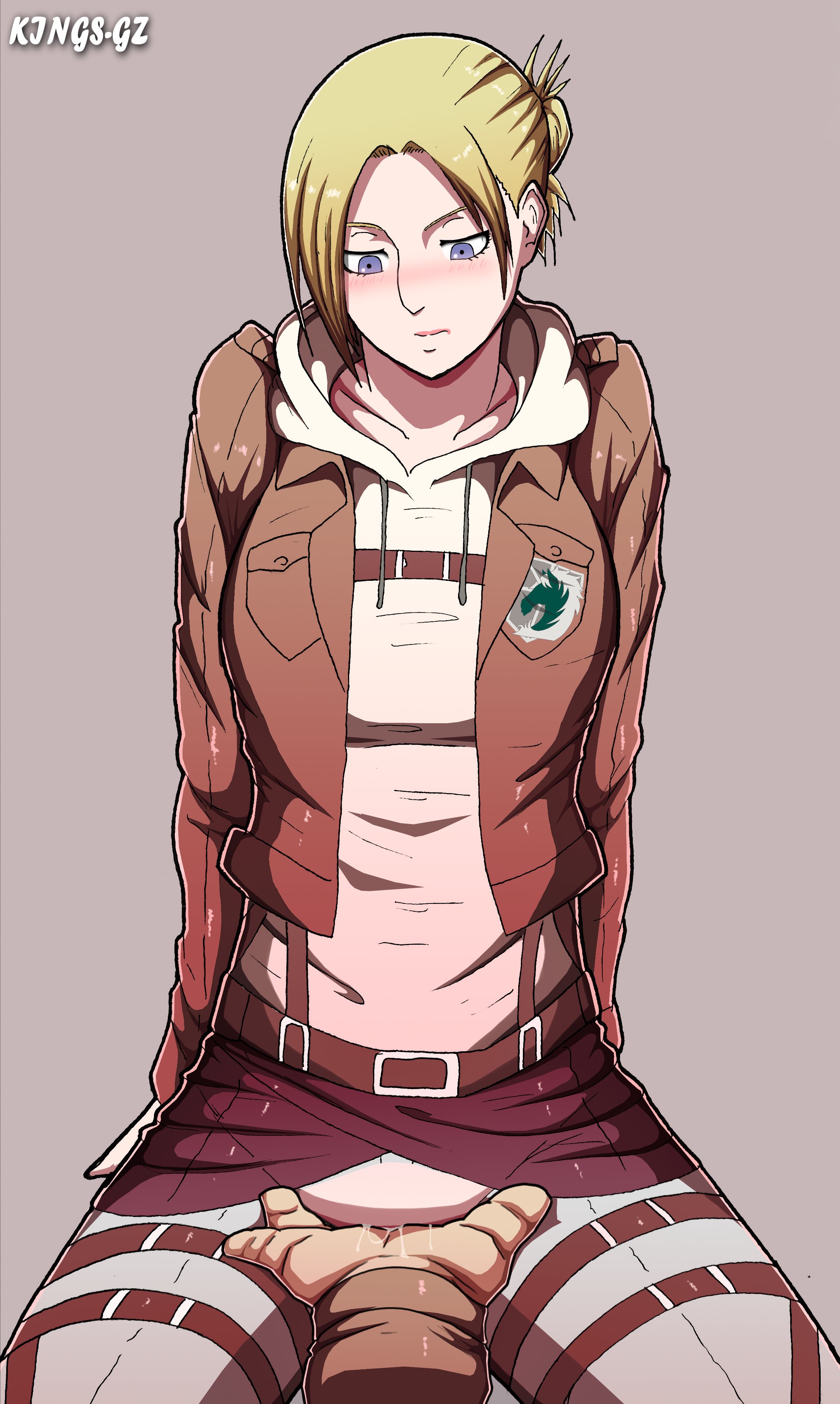 annie leonhardt, attack on titan, blonde hair, blue eyes, blush, female, fingering, fingering pussy, fully clothed, kings-gz, looking down, masturbation, preparation, pussy, shingeki no kyojin, sitting on lap, tied hair