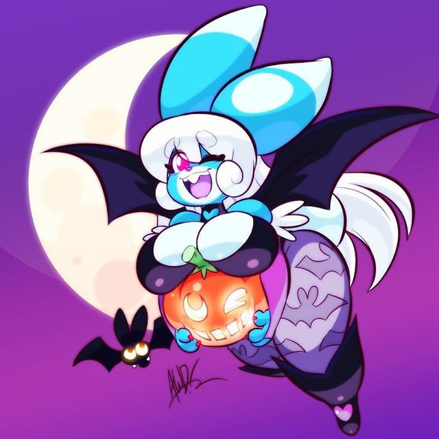 1girls andrew_dickman awd bat big_breasts blue_body breasts buckteeth cleavage cute digital_drawing_(artwork) digital_media_(artwork) female flying moon night pixels_bunni pumpkin solo vampire white_hair wink winking