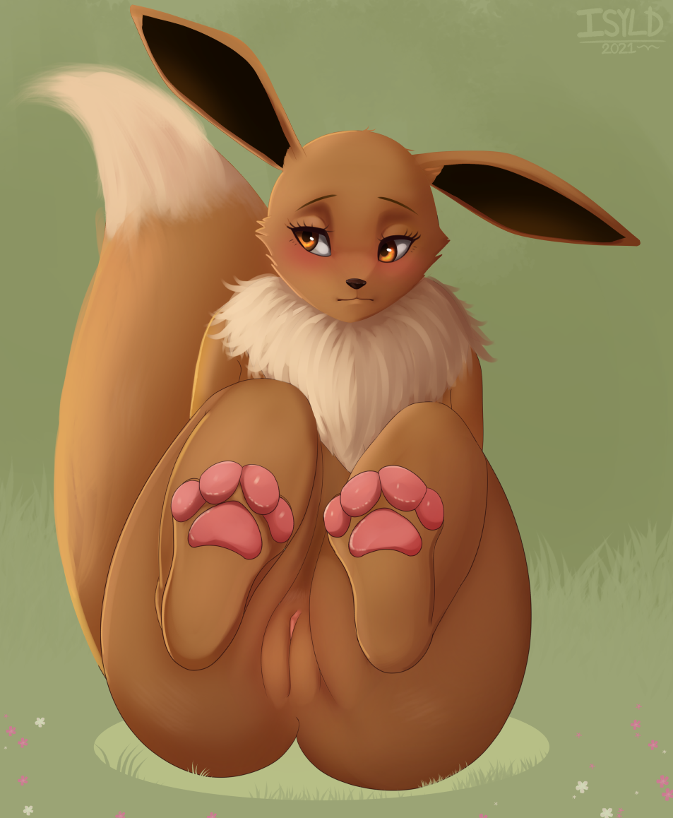 2021 4_toes anthro anthrofied anus ass black_nose blush brown_body brown_eyes brown_fur eevee eyelashes facial_tuft feet female foot_focus fur furry furry_only genitals grass green_background isyld looking_away multicolored_body multicolored_fur neck_tuft nintendo nude pawpads paws pink_pawpads plant pok&eacute;mon_(species) pok&eacute;morph pokemon presenting presenting_pussy pussy simple_background sitting solo tan_body tan_fur thick_thighs toes tuft video_games