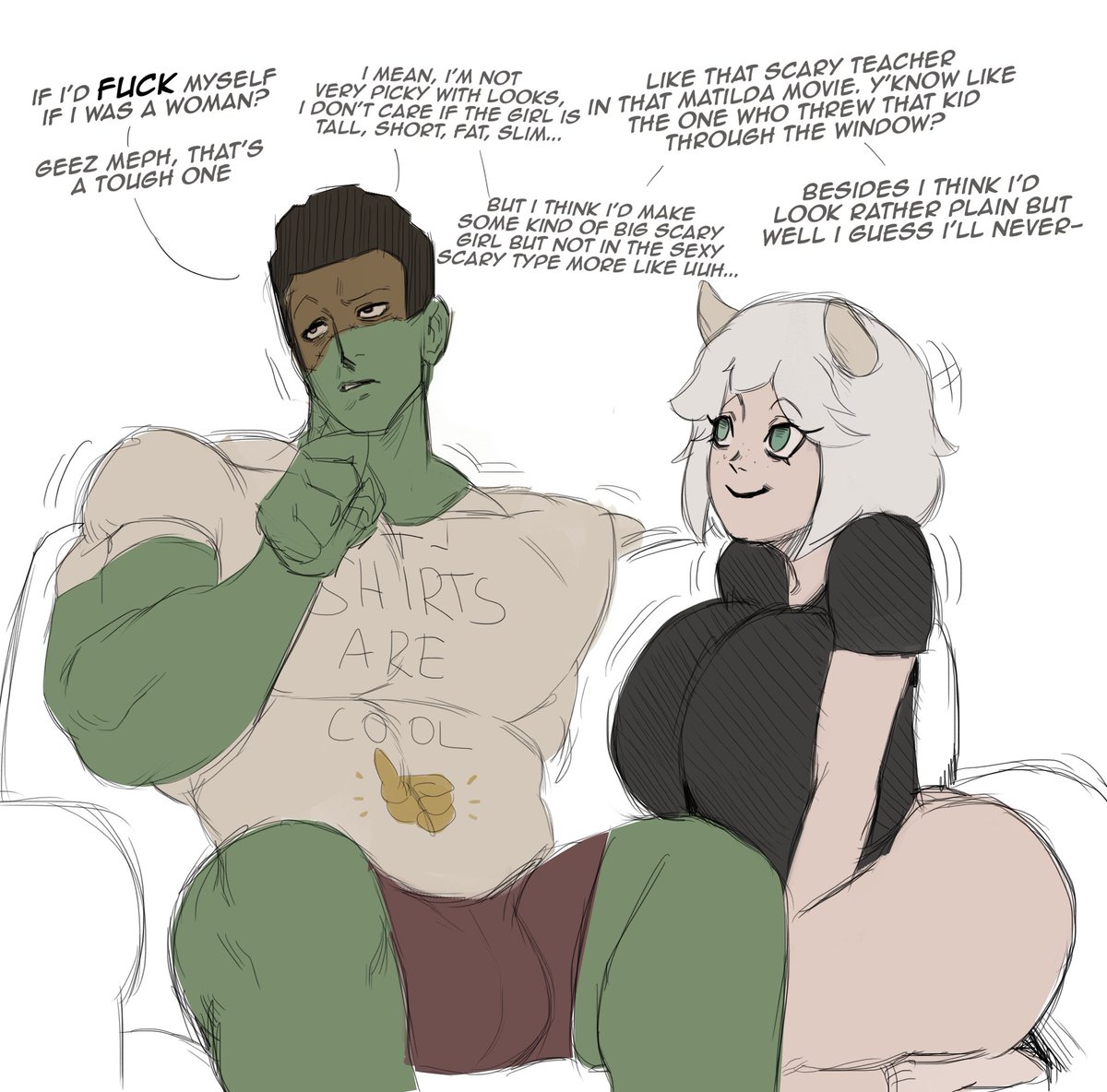 1boy, 1girls, ass, big ass, big breasts, big butt, breasts, brown hair, bulge, child bearing hips, couch, fat ass, female, green eyes, green skin, hourglass figure, huge ass, huge breasts, large ass, large breasts, light skin, light-skinned female, male, muscular, muscular male, original character, original characters, pale skin, pale-skinned female, sitting on couch, size difference, smile, smiling, text, thick ass, undergroundj, white hair, wide hips
