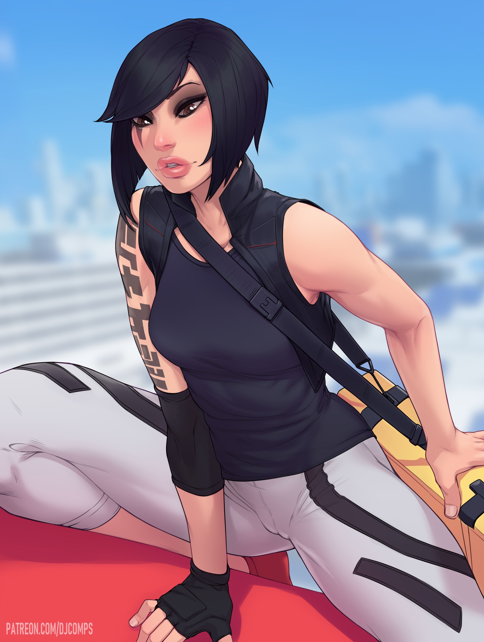 1girls, asian, asian female, black hair, clothed female, clothing, faith connors, faith connors (mirror's edge catalyst), female, female only, fizzz, fully clothed, mirror's edge, mirror's edge catalyst, naughty face, short hair, solo, thick lips