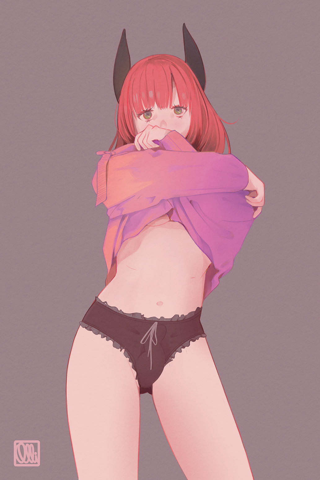 1futa flaccid futanari green_eyes horns lifting olliolli30 original_character panties penis red_hair see-through standing sweater_lift undressing