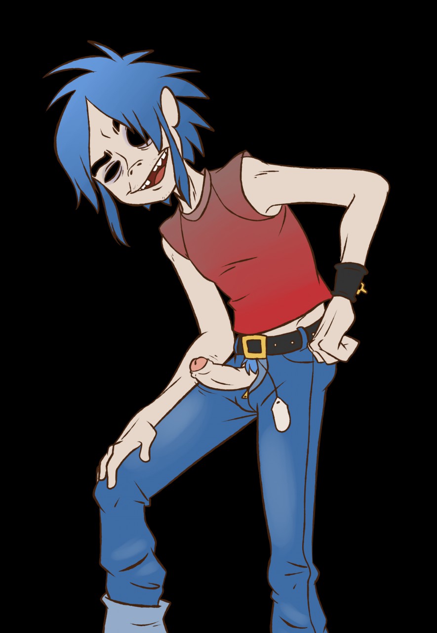 1boy 2d_(gorillaz) belt black_background black_eyes blue_hair clothed gorillaz human jeans ladysomnambule male male_only musician no_underwear open_mouth penis penis_out pubic_hair short_hair solo stubble