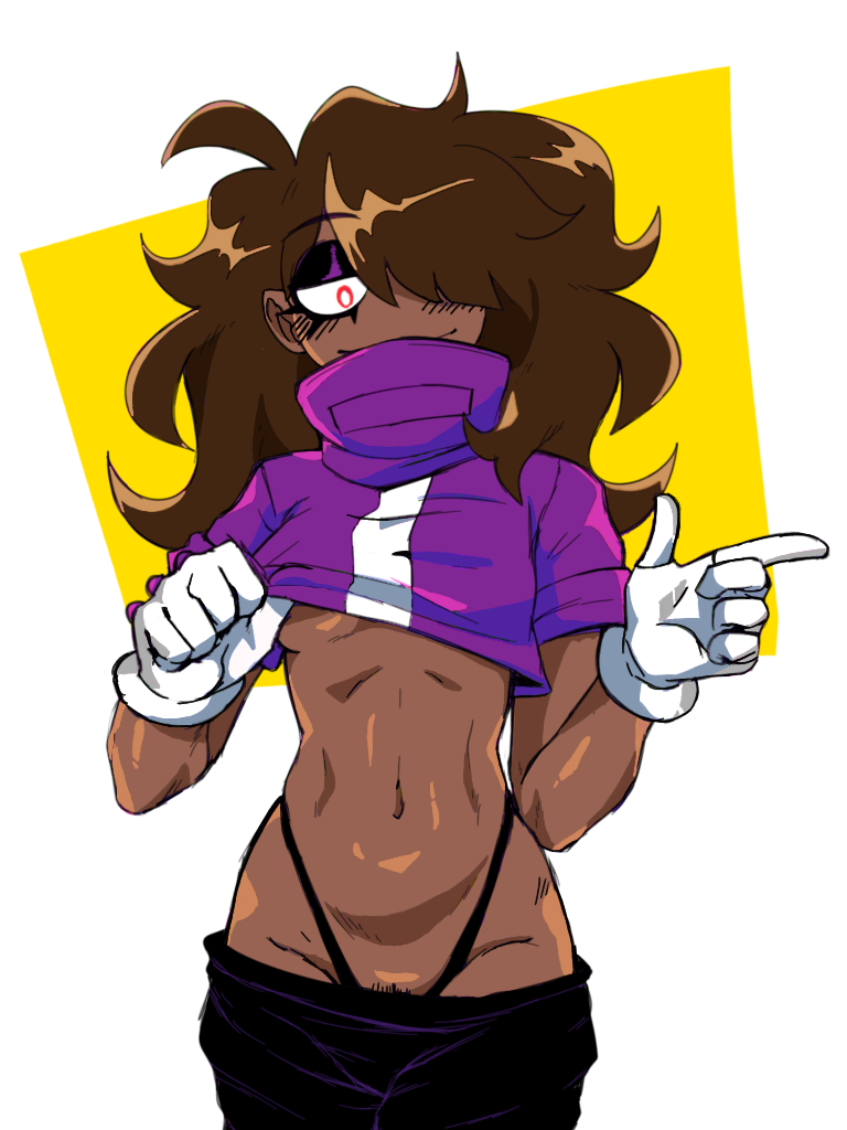 breasts, brown skin, dark skin, dark-skinned female, demon, demon girl, female, lifting shirt, minus sarah, needlemouse (series), original character, sarah henderson (needlemouse), stripping, thong, underboob
