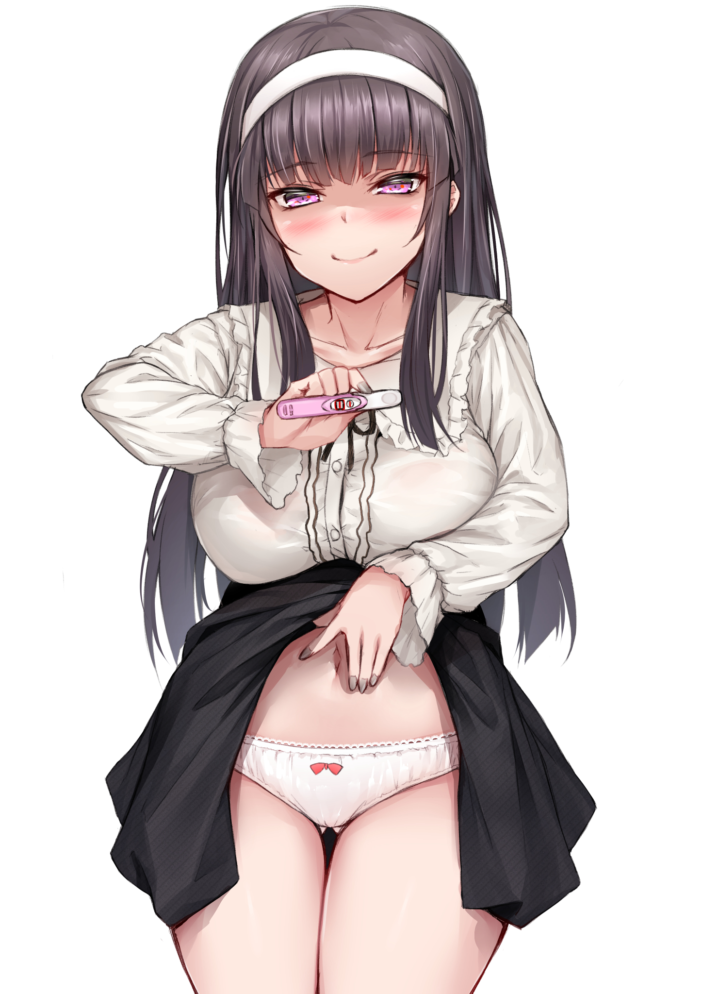 bangs, big breasts, blush, breasts, dark hair, female, female only, long hair, long sleeves, naitou kirara, original, panties, pink eyes, pregnancy test, skirt lift, smile, solo, thigh gap, white panties