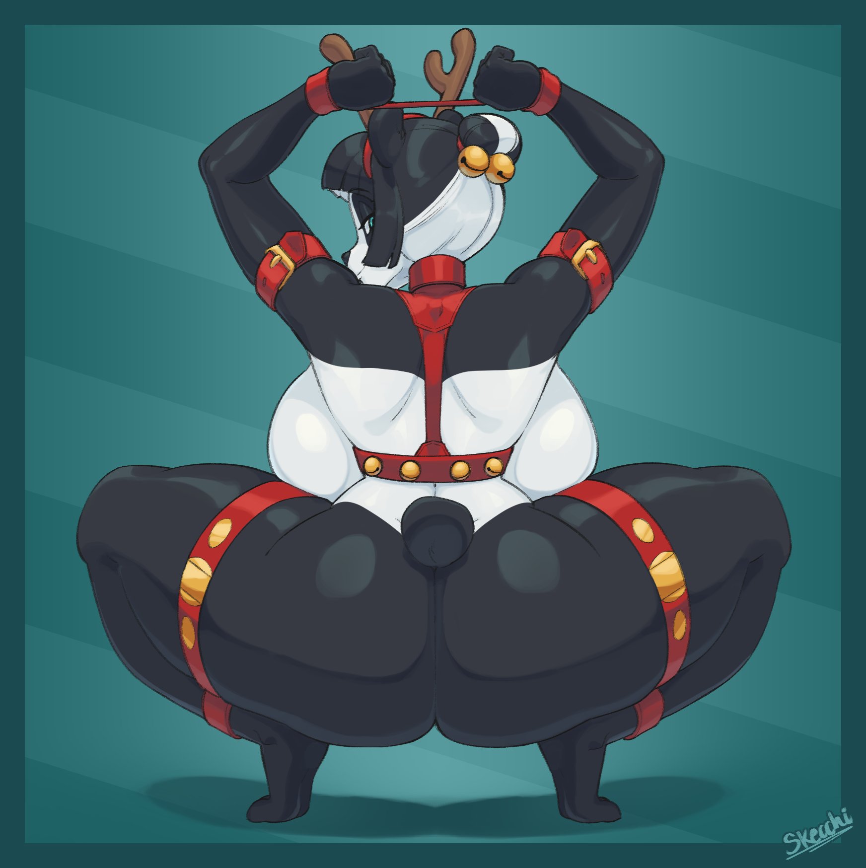 1girls, anthro, ass, backboob, backside, big ass, big breasts, black and white fur, boobs and butt pose, breasts, christmas outfit, female, furry, green eyes, hi res, huge ass, huge breasts, jingle bell, lei (skecchiart), panda, sideboob, skecchiart, thick thighs