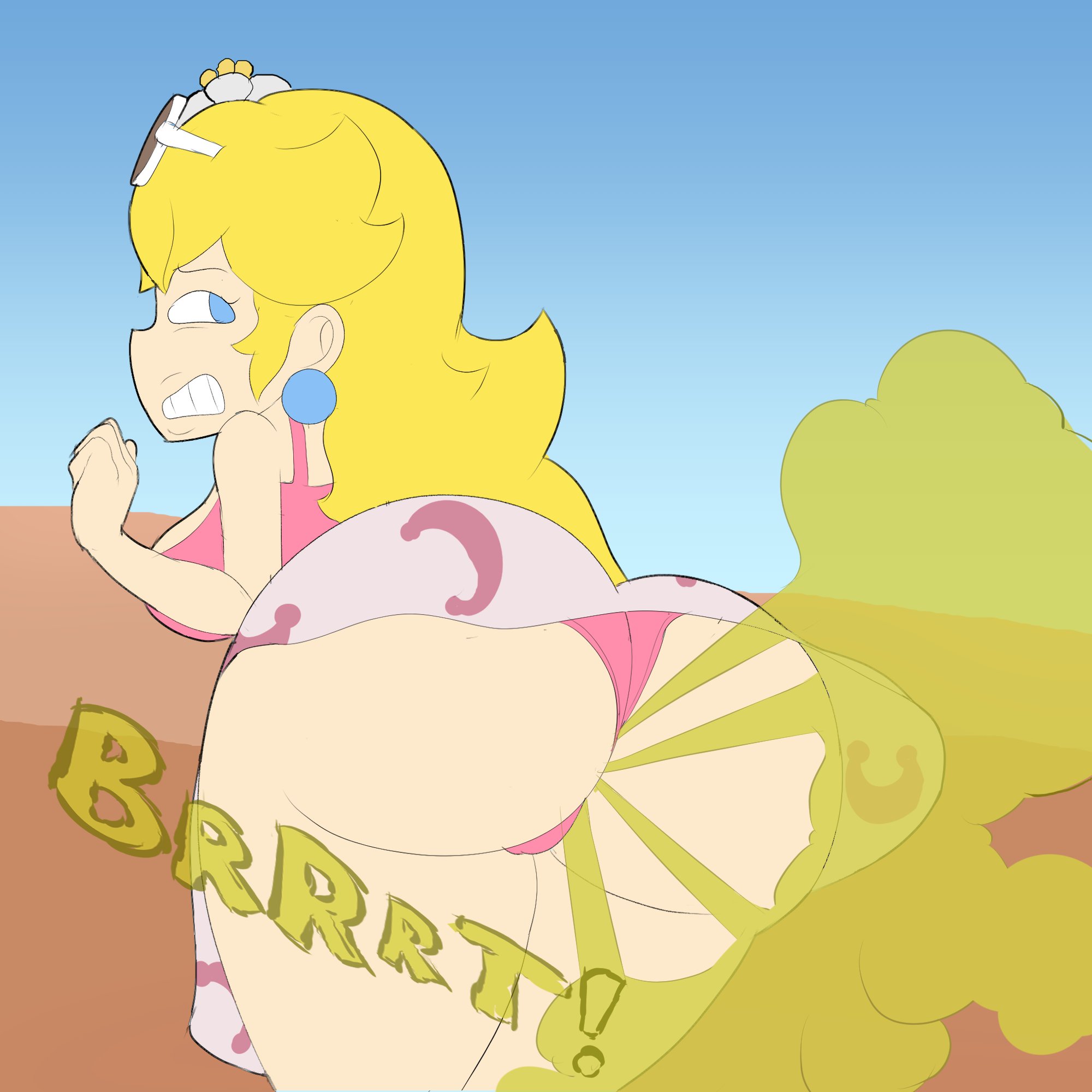 1girls, ass, big ass, big butt, blonde hair, blue eyes, brap, bubble ass, bubble butt, earrings, fart, fart cloud, fart fetish, farting, female, looking back, mario (series), nintendo, panties, pink panties, princess peach, princess peach (swimwear), protorepulsive, repulsiveproto, smelly ass, solo female, sunglasses on head, super mario odyssey, thick thighs