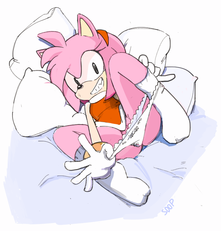 amy_rose bed bow_panties gloves panties panties_around_leg panty_pull pink_fur pink_hair pussy_peek smile socks solo sonic_(series) sooperman white_panties